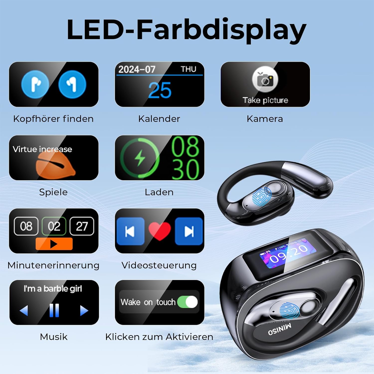 LED color display of the charging case showing various functions like finding headphones, calendar, camera, games, charging status, timer, video control, music, and touch activation.