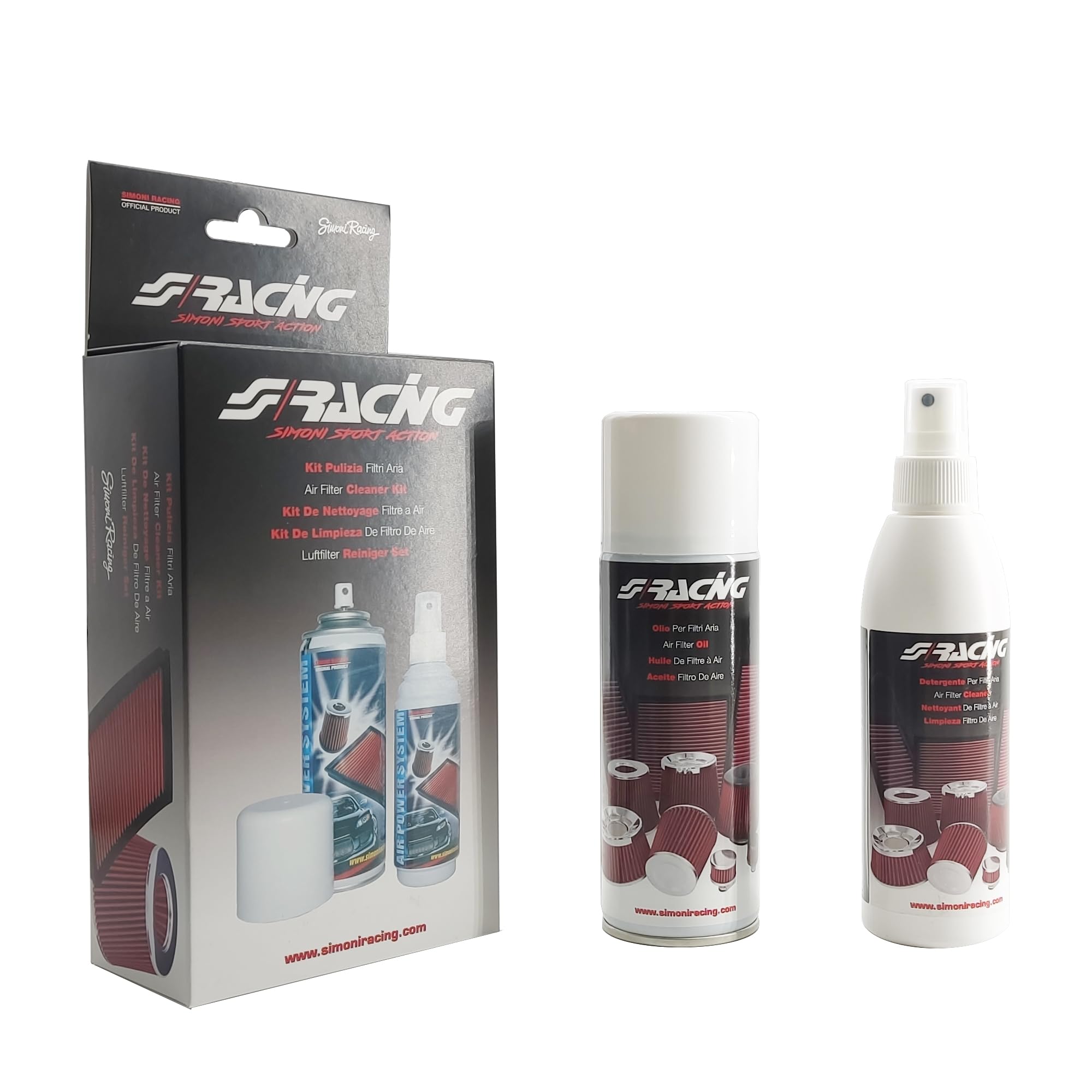 Simoni Racing FC/SR Kit Pulizia Filtri Aria per Auto e Moto, Confezione con Olio 200ml + Detergente Pulitore 200ml, per manutenzione Filtri Aria Sportivi a pannello o conici in cotone lavabili