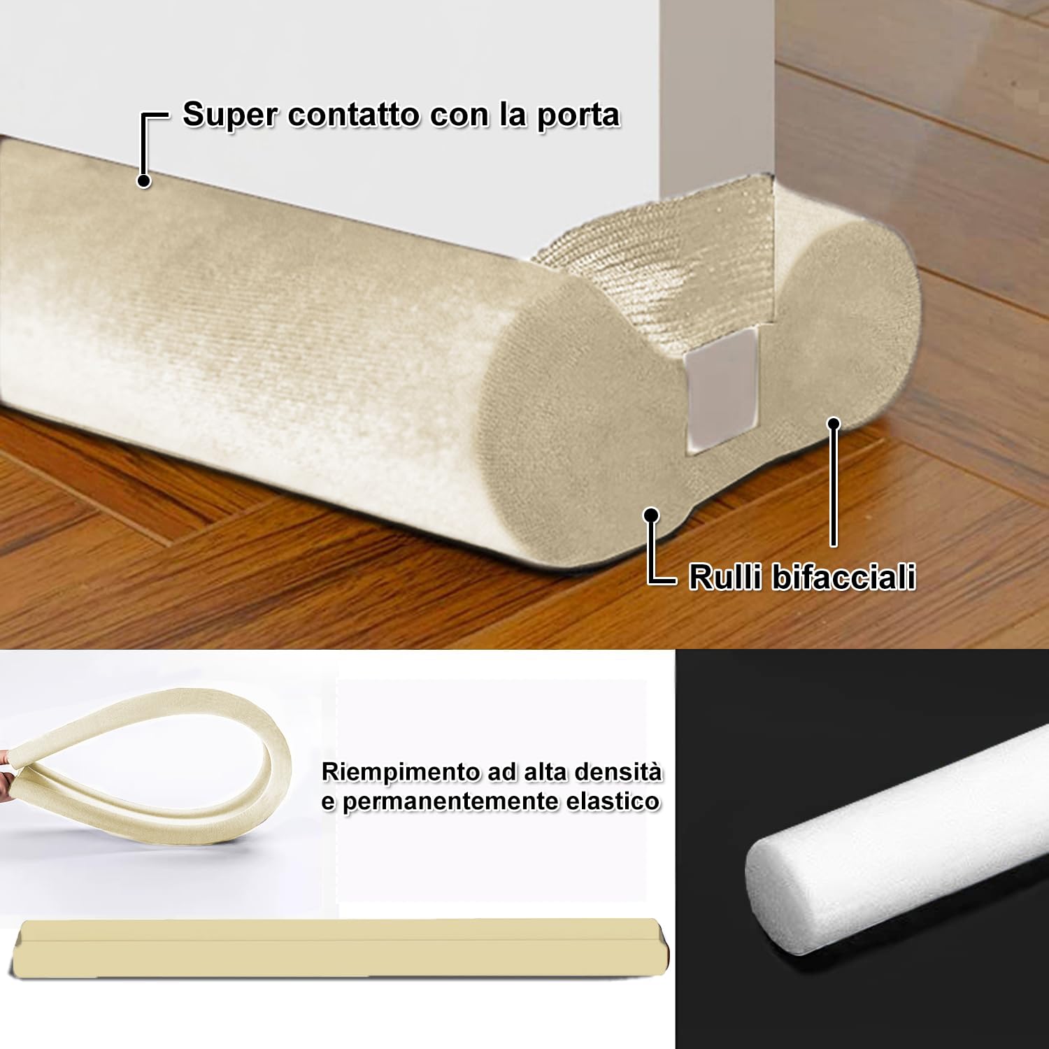BKSAI Paraspifferi per Porte Guarnizione Inferiore Porte Senza Colla | Paraspifferi Doppia Guarnizione Isolante Termico Insonorizzato Antivento, Paraspifferi Sottoporta per Porte 80-100 cm Beige