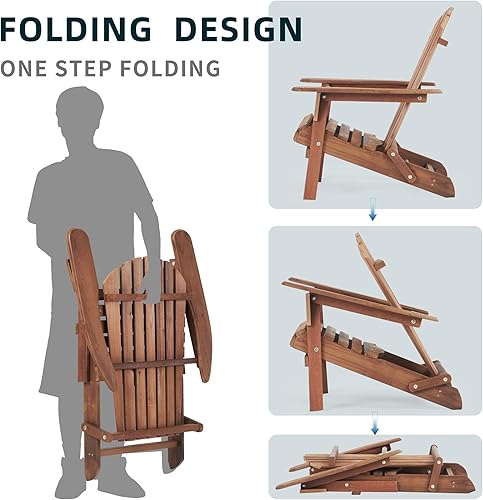 Miniatura 5 de Juego de 2 sillas Adirondack plegables de madera para exteriores, para jardín, césped, patio trasero, terraza, lado de la piscina (31.00 pulgadas de