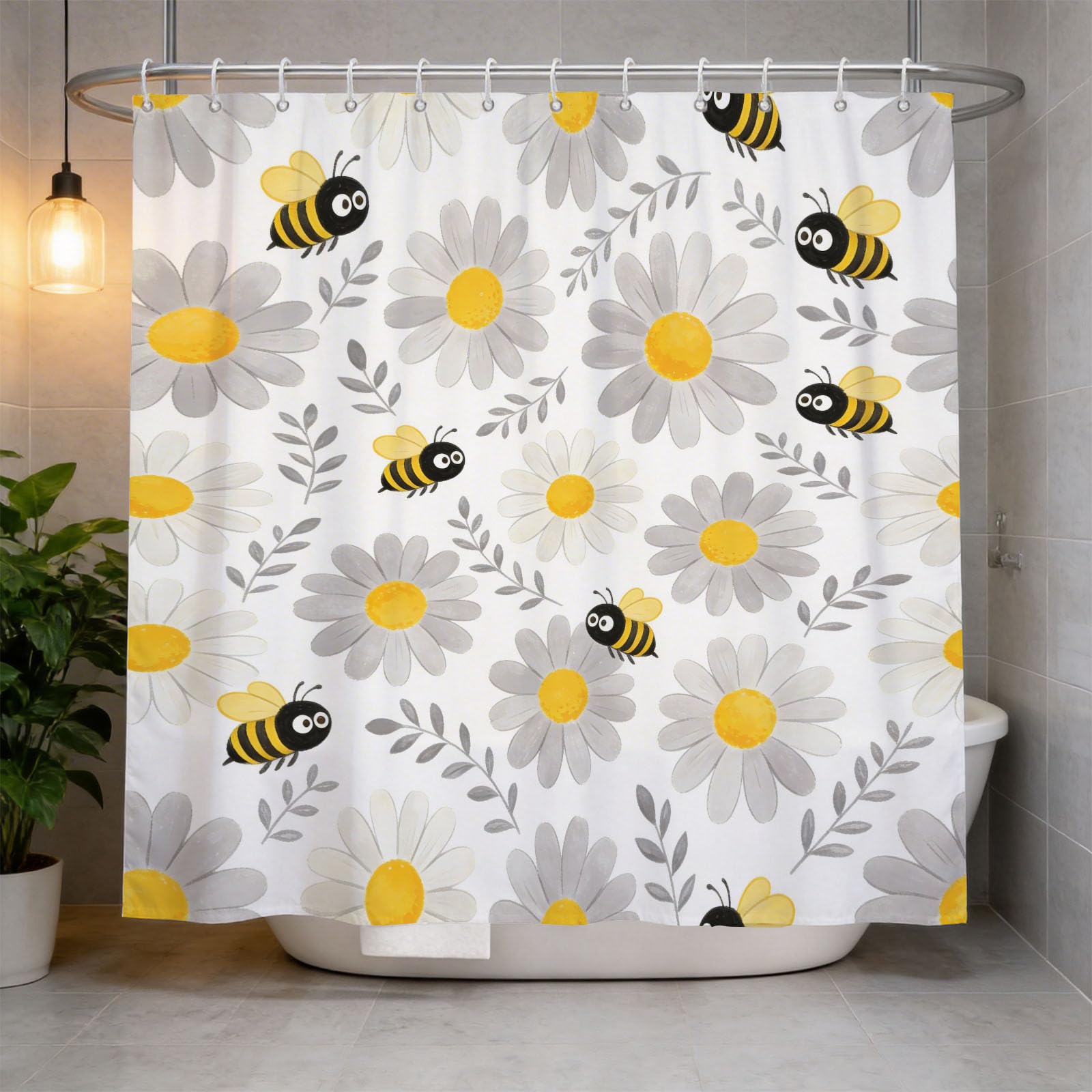 Hongduo 3D Bee Shower Curtain for Stalls Bathtubs Fresh Illustration Bathroom Decor Shower Curtain Set Polyester Fabric Waterproof 200x200cm/79X79 Inch with Hooks