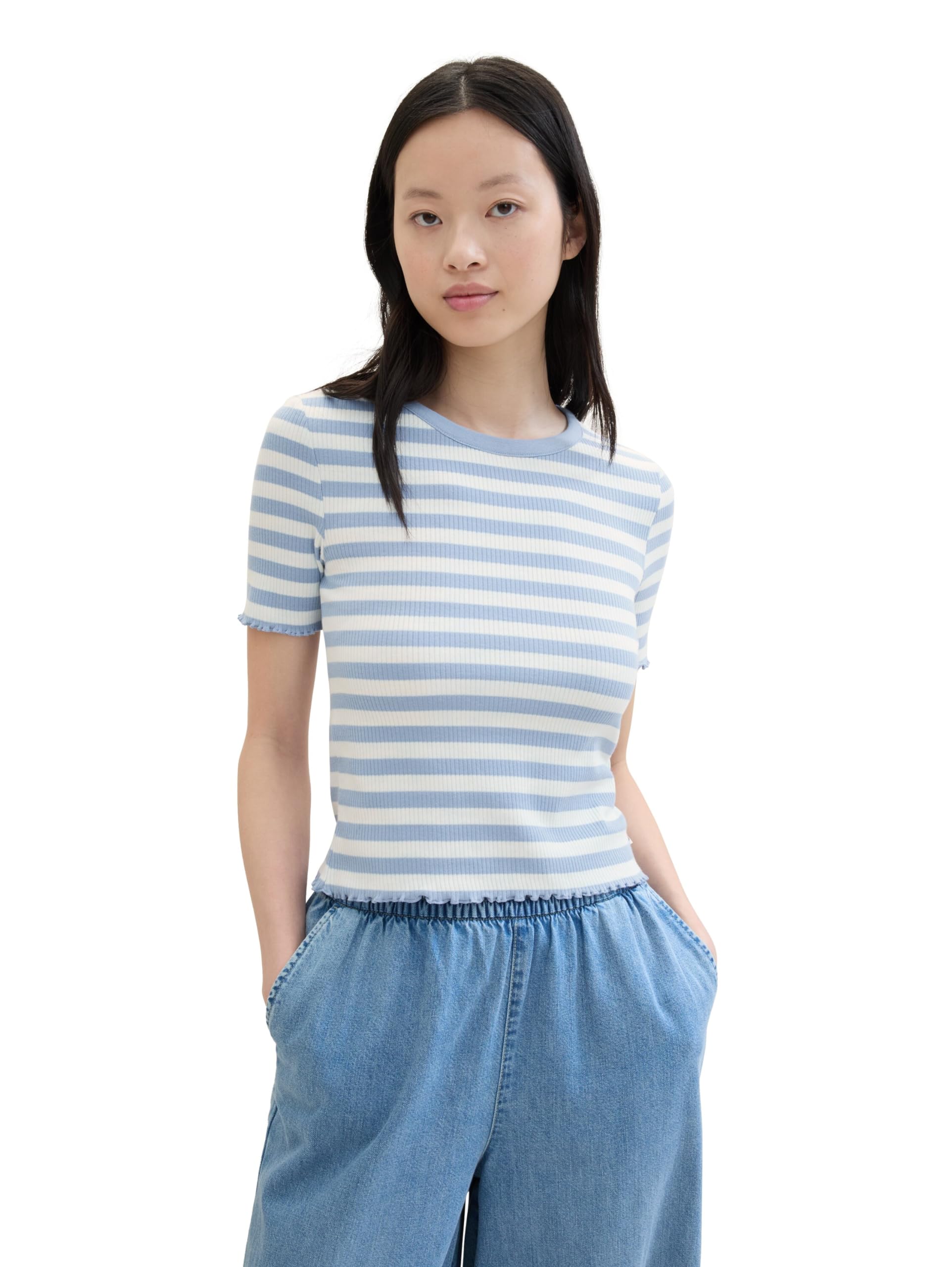 TOM TAILOR Denim Women's Basic T-Shirt with Stripes, 35332 - Mid Blue White Stripe, M