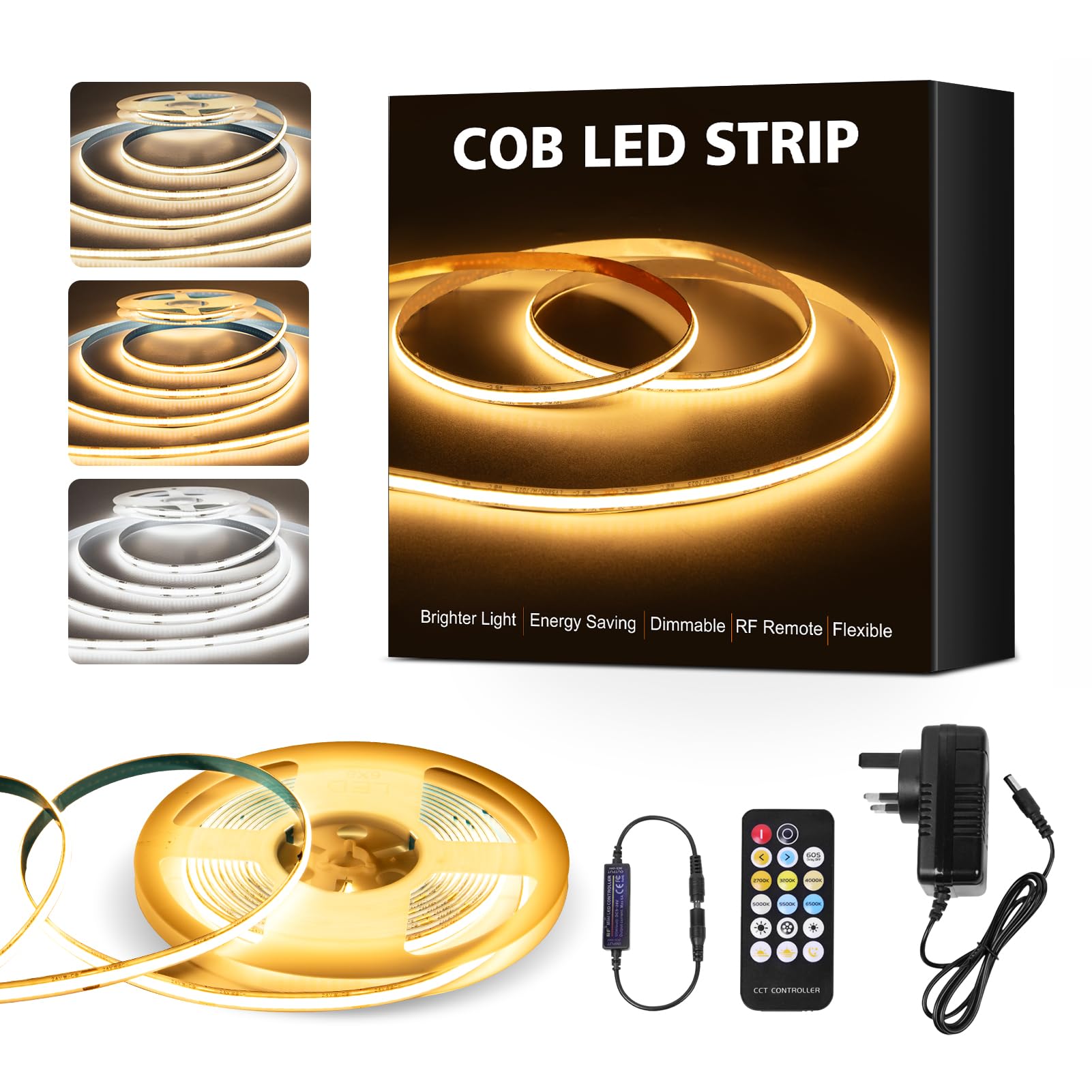 CCT COB LED Strip Lights 5M, 560LEDs/M,16.4Ft Dimmable 2700K-6500K 24V Tunable White LED Light Strip Kit, High Density CRI 90+ LED Strips with Remote & Power Supply for Bedroom Kitchen Home Decoration — image 1