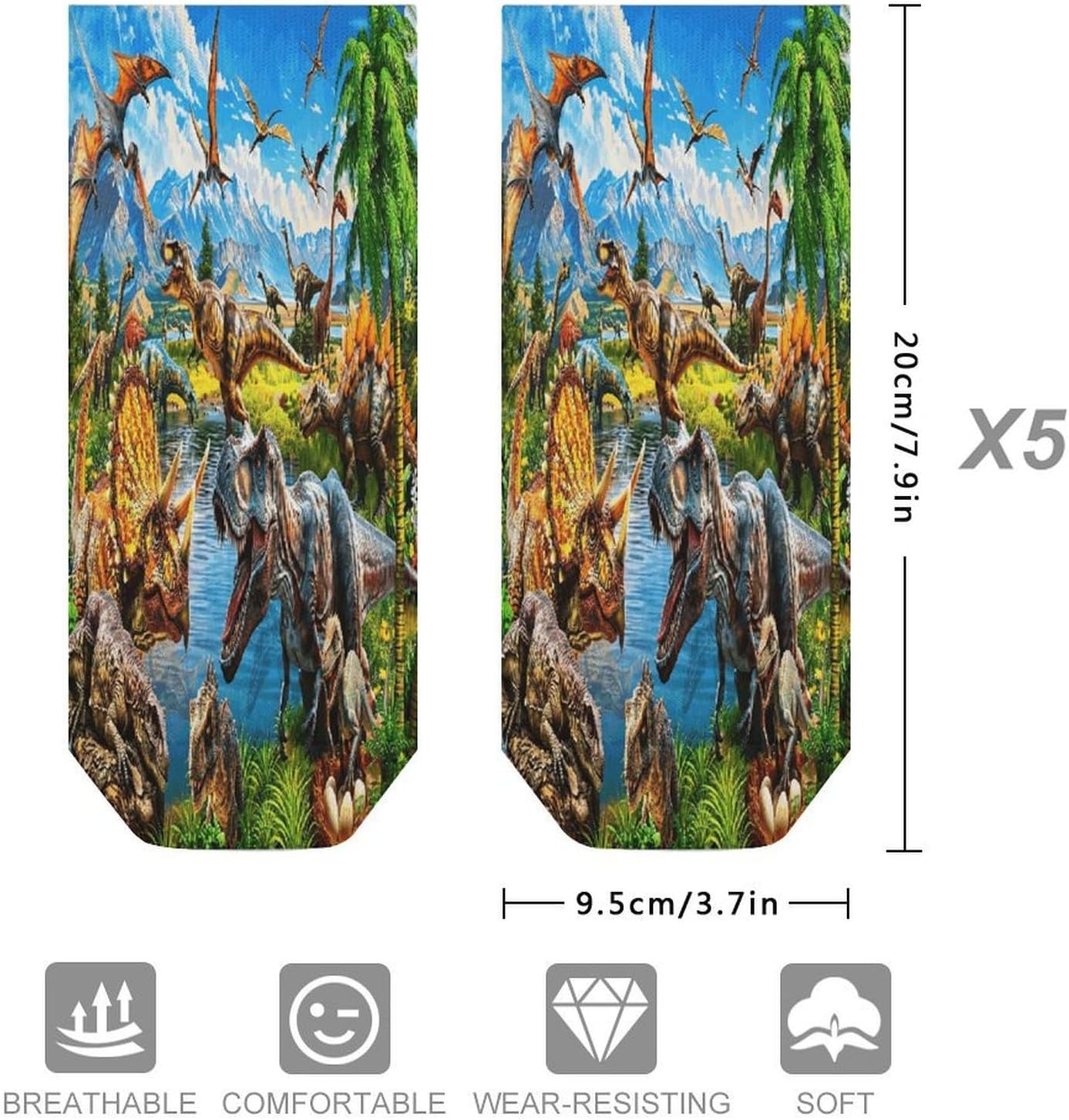 Prehistoric World of Dinosaurs 5Pairs Low Cut Ankle Socks for Women No Show Casual Breathable Athletic Socks for Sport