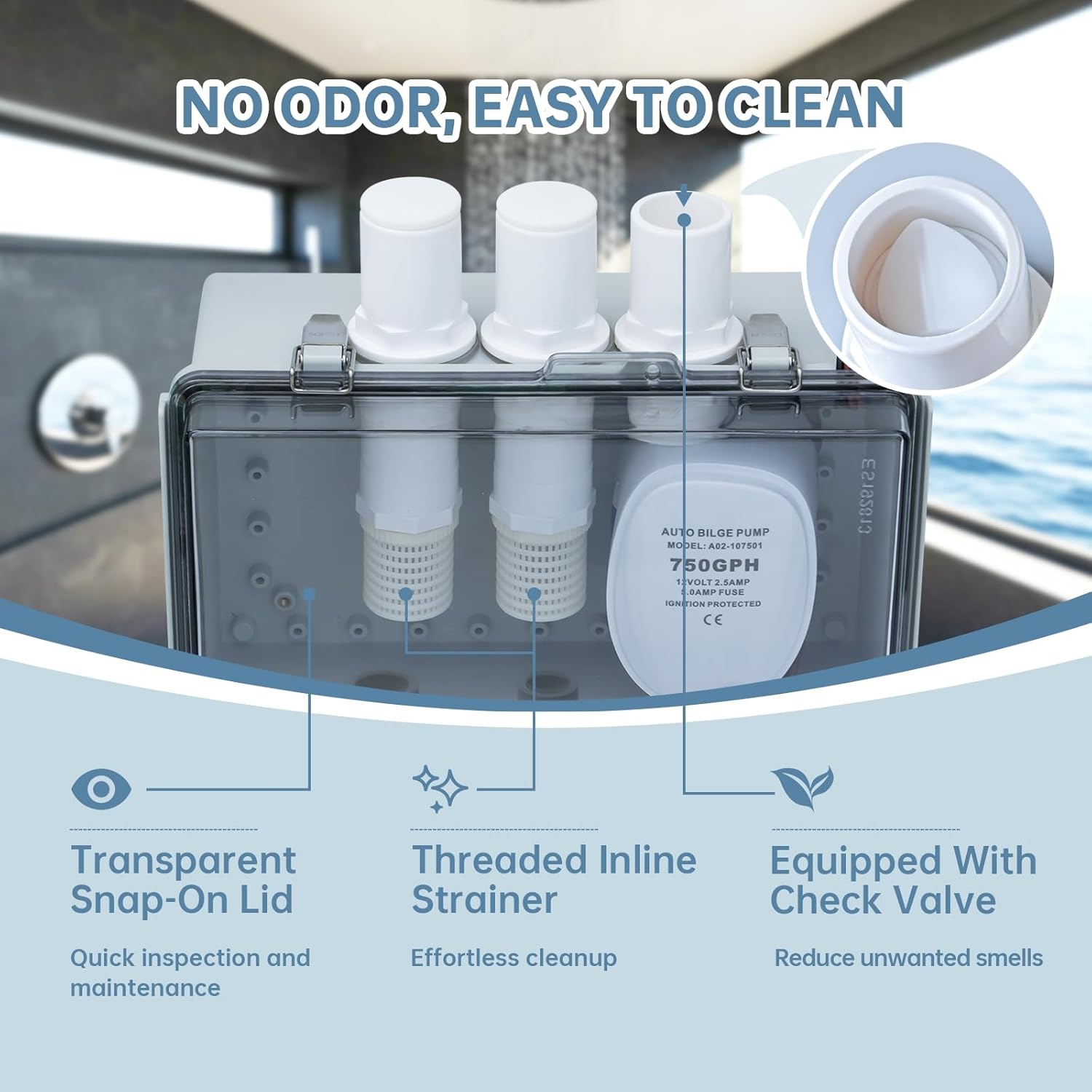 12V Automatic Shower Sump Pump Box, Zuomeng 750GPH High-Flow Drain Pump with Threaded Strainer & 3 Hose Adapters (3/4", 1", 1-1/8") for Boat Shower Water Discharge