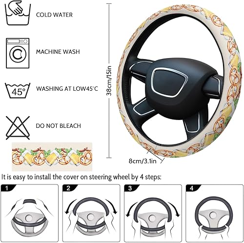 Miniatura 4 de Car Steering Wheel Cover, Beer Bread Sausage Green Leaves Beige Vintage Elastic Stretch Sponge Steering Wheels Protective Cover for Vehicles Trucks