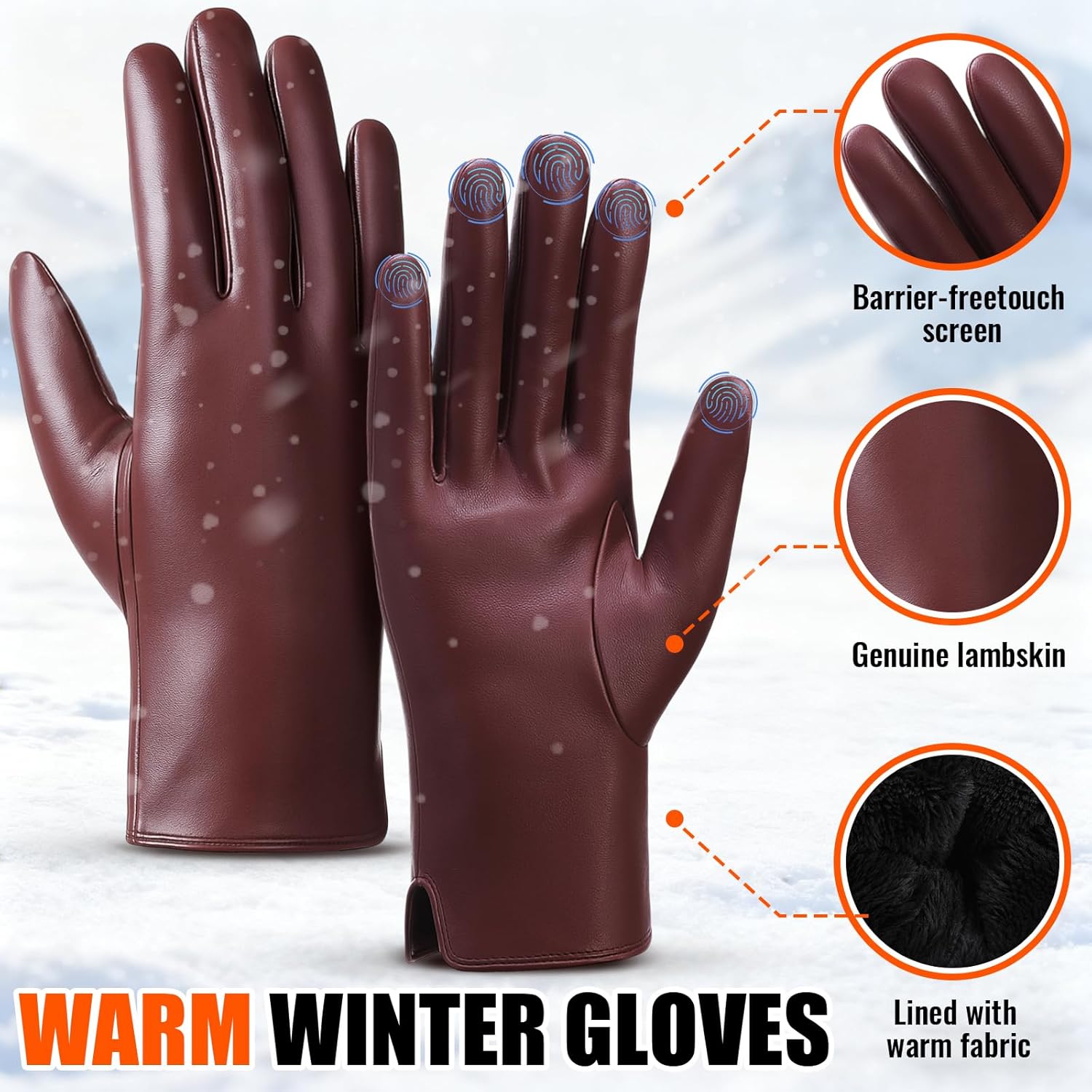 Cuffbow 2 Pairs Women's Lambskin Leather Gloves Touch Screen Warm Fleece Lining Driving Winter Gloves for Cold Weather, M-L