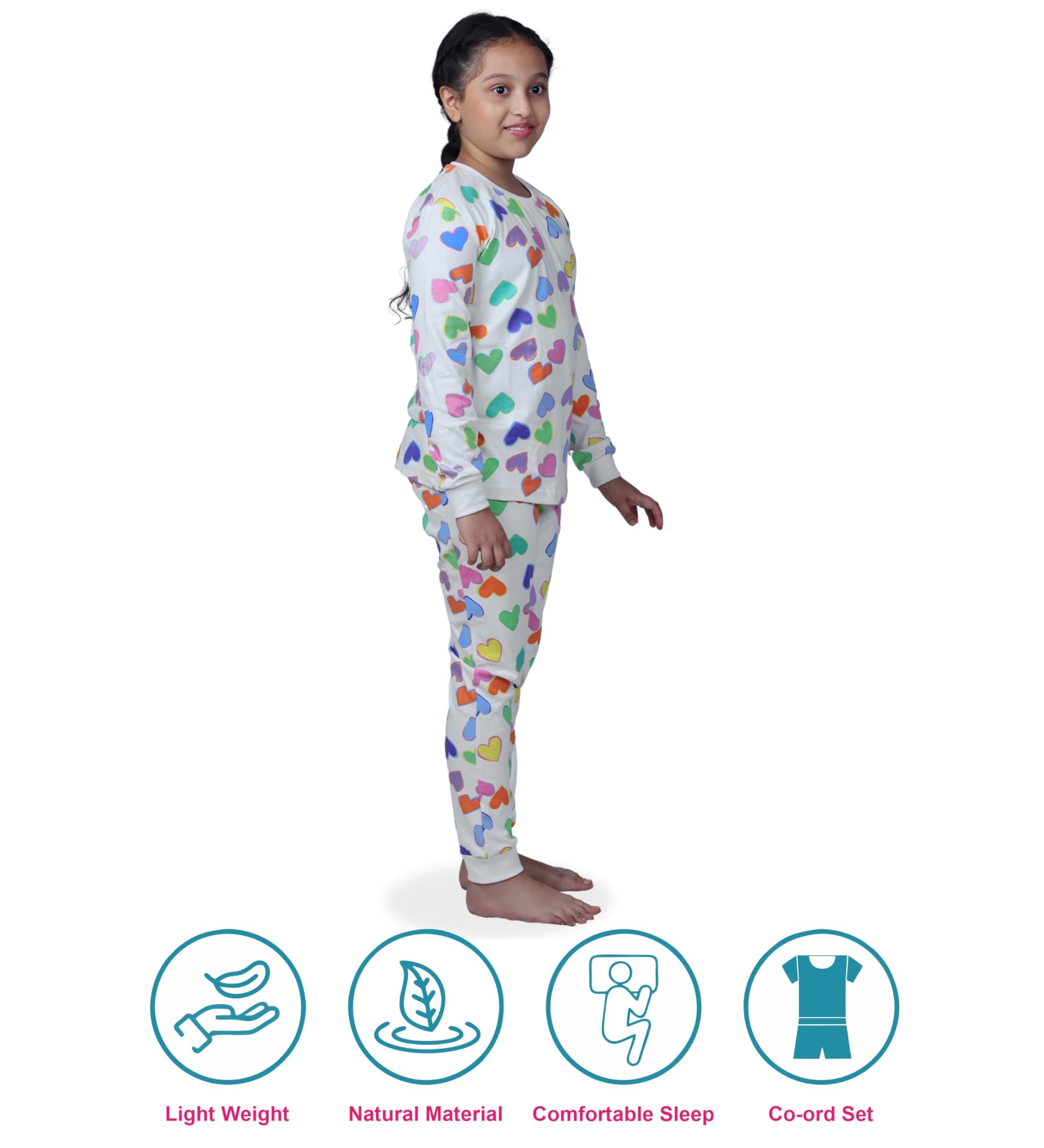 Hestia | H.NSG.N.1 |Girls Nightwear|Bottom Pyjama Tshirts | Breathable Fabric Pajama Sets|Cotton Night Dress Jogger|Trouser Full Sleeves Tshirt Night Suit for Kids|Heart Print|2-4Yrs|Offwhite | Set 1 - Image 3 thumbnail