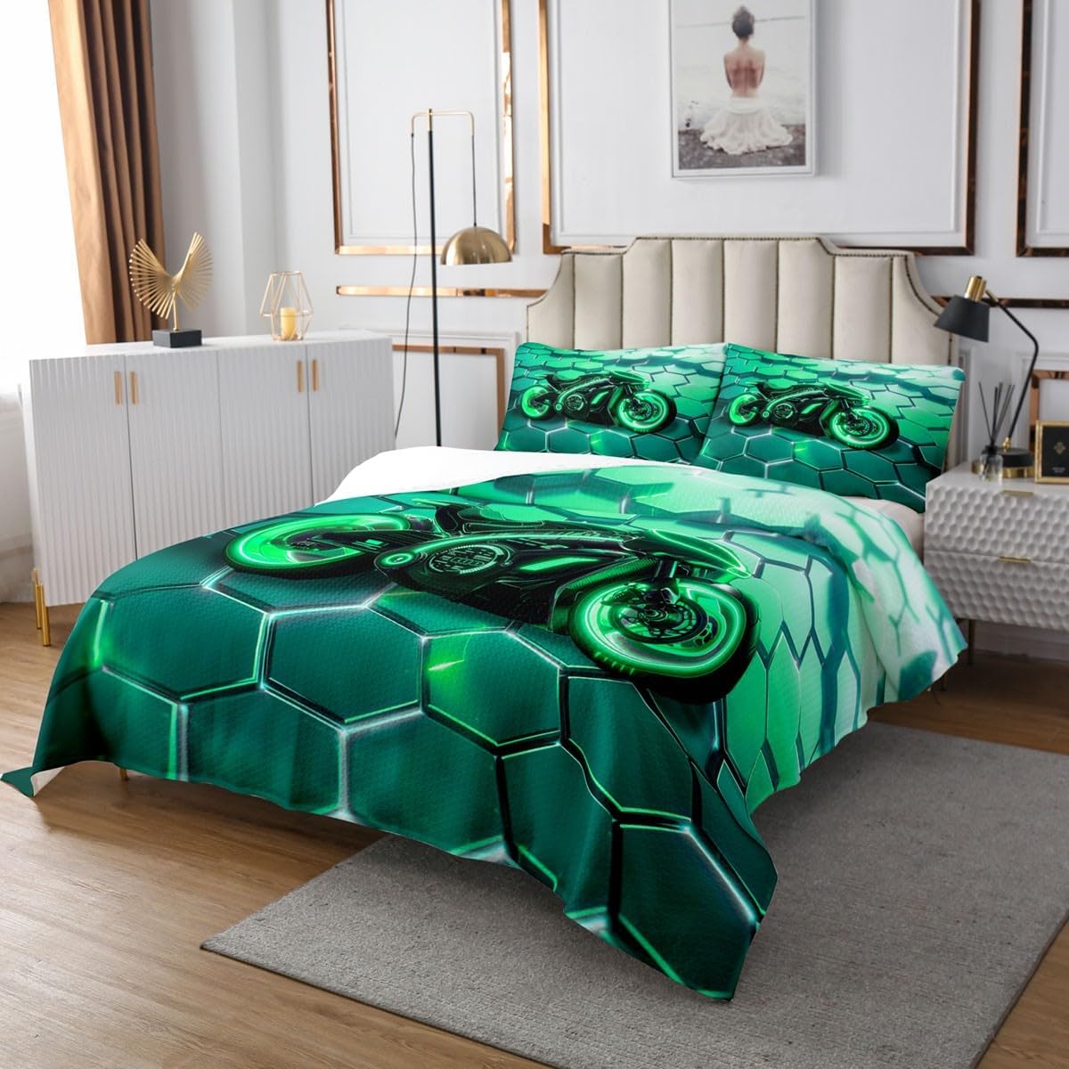 jejeloiu Boys Girls Dirt Bike Honeycomb Coverlet Set Queen Size, Durable Extreme SportBedspread Kids Luxury Collection Quilted Coverlet Teens Bedroom Decor with 2 Pillow Case