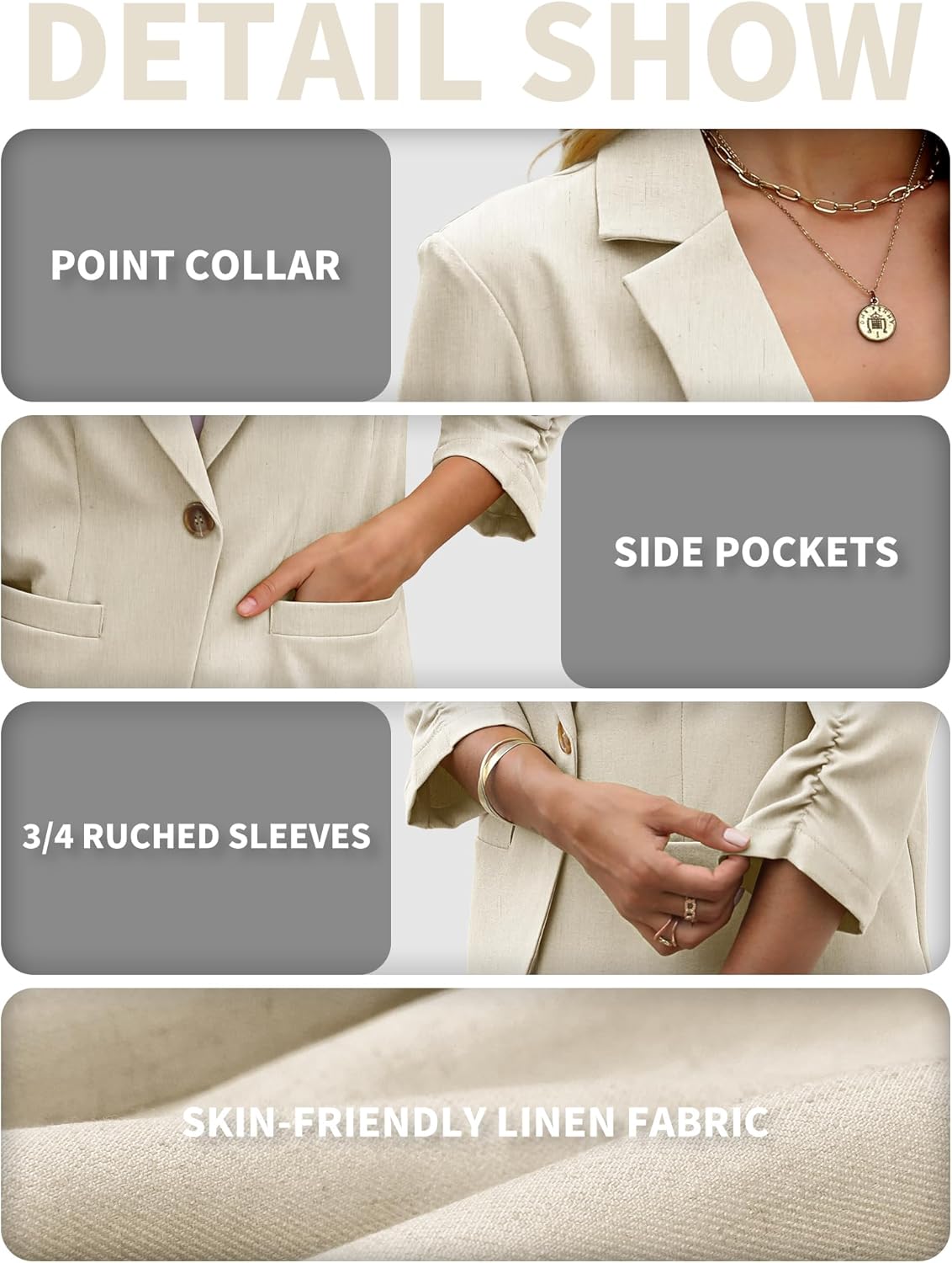 ELLEVEN Women's Linen Blazer 3/4 Ruched Sleeves, Lightweight Slim Fit Jackets with Pockets Half Lining - Image 6