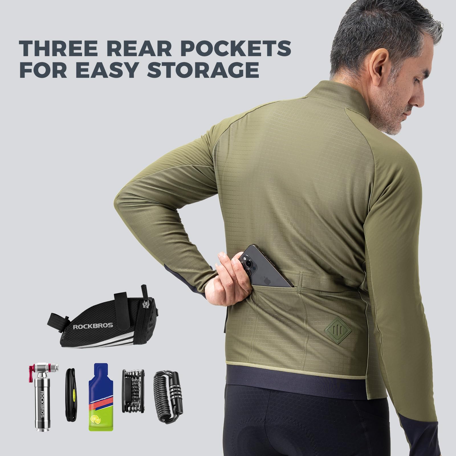 ROCKBROS Maglia da Ciclismo Invernale Uomo, Maglia Bici a Maniche Lunghe con Fodera in Pile, Giacca Termica Antivento e Traspirante, 3 Tasche Posteriori, per MTB Bici Corsa Bicicletta