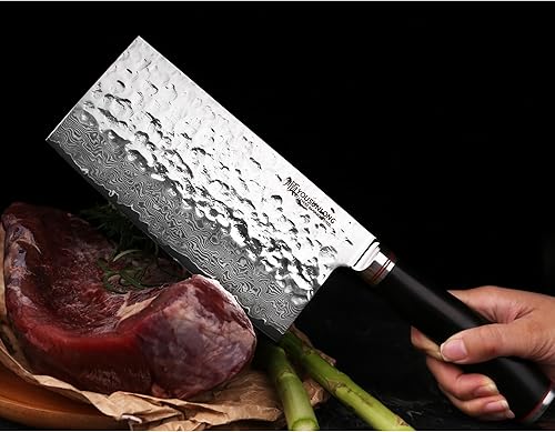 Miniatura 5 de YOUSUNLONG Carne Cleaver - Cuchillo chino para verduras de 7 pulgadas, acero de damasco martillado japonés, mango de madera de plomo natural