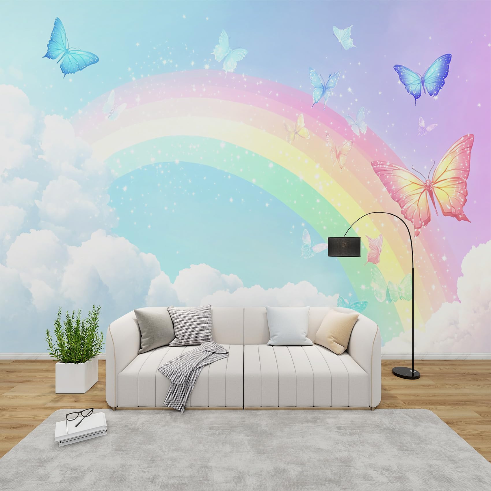 Décoration Murale Chambre haut de gamme avec papier peint panoramique papillon arc en ciel