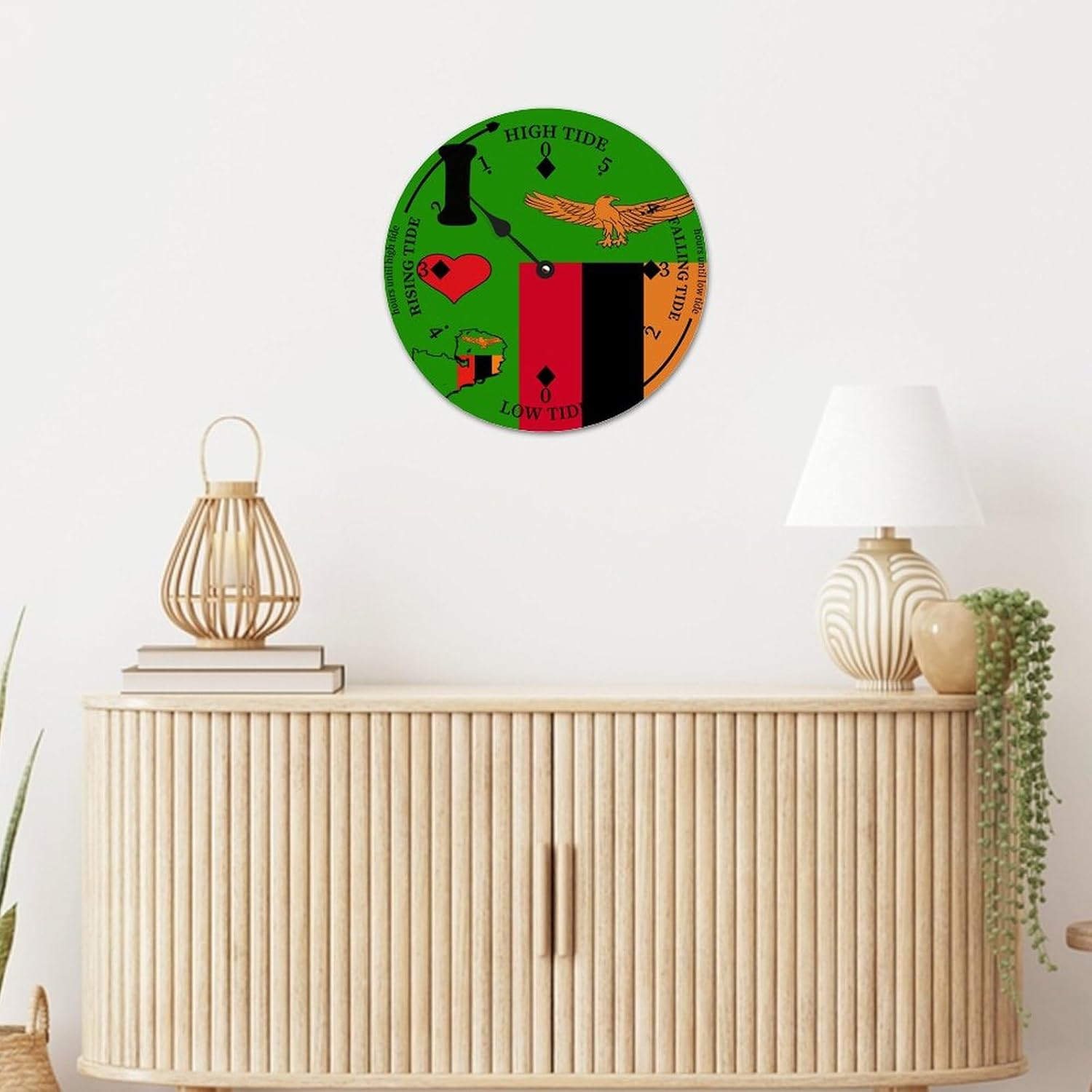 Rustic Wood Tide Clock Zambia Flags Ocean Time Wooden Clock Wood Moon Tidal Clock for Wall High and Low Tide Movement Clock for Seaside House Cottage Hotel Camping 15x15 in