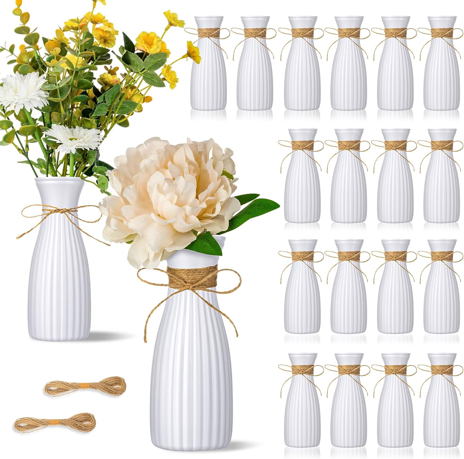 20 Pcs Plastic Flower Bud Vases Bulk with Twines Ropes Small Mini Flower Vases for Centerpieces Decorative Plastic Bottles for Wedding Reception Dining Table Home Decoration (White)