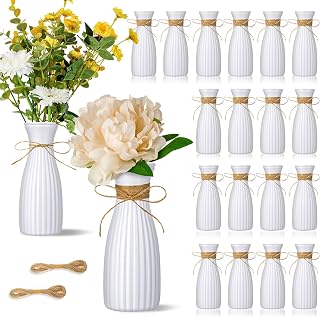 Ninehaoou 20 Pcs Plastic Flower Bud Vases Bulk with Twines Ropes Small Mini Flower Vases for Centerpieces Decorative Plastic Bottles for Wedding Reception Dining Table Home Decoration (White)