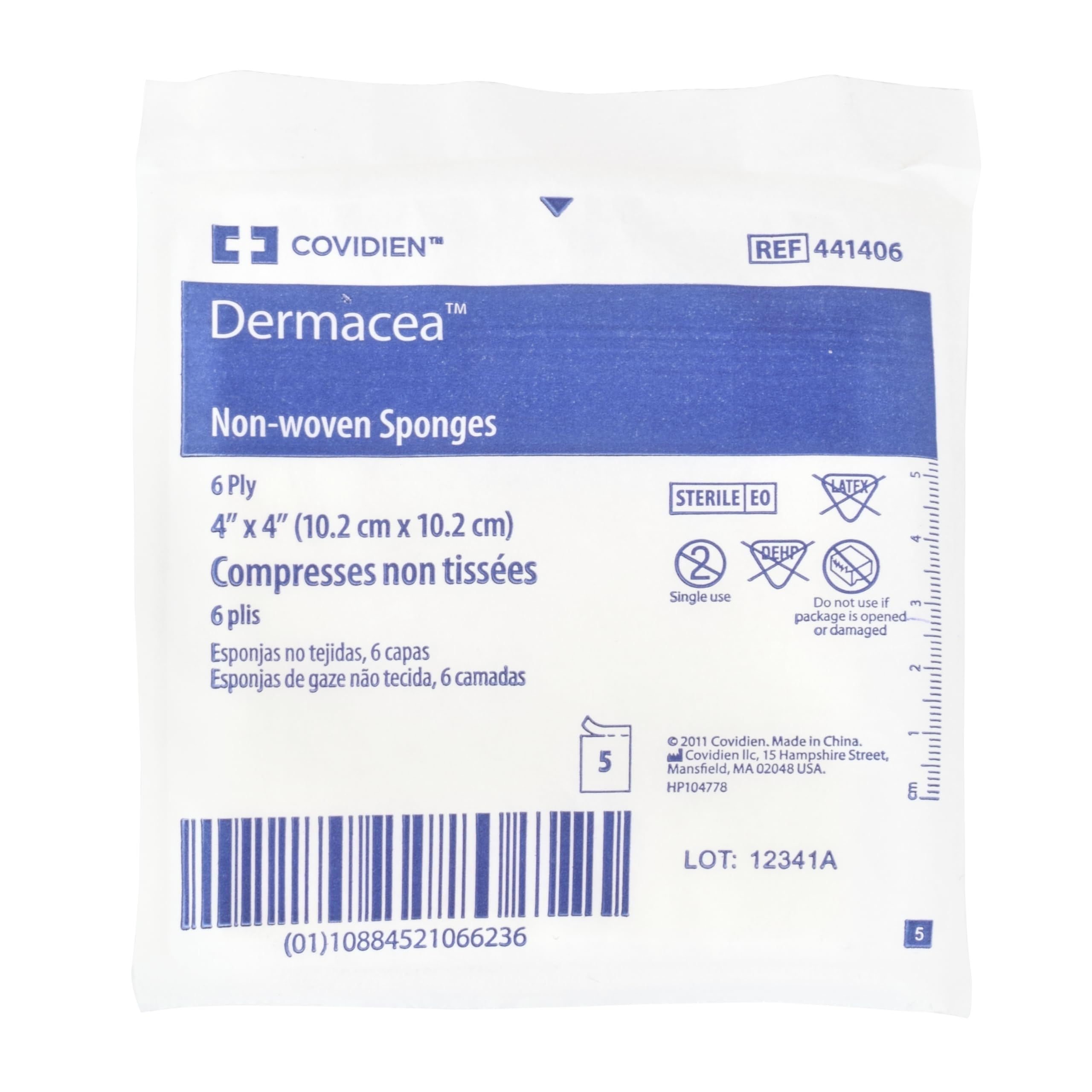 Cardinal Health™ Dermacea™ Spugna di garza multiuso in tessuto non tessuto, sterile, 10,2 x 10,2 cm, 6 strati, 441406, confezione da 800