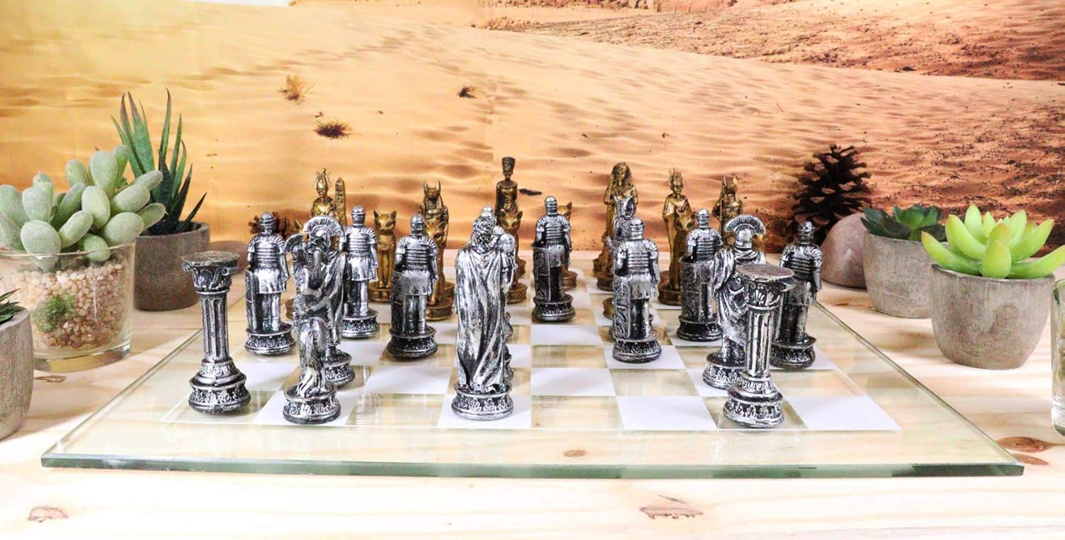 Ebros Kingdoms at War Legendary Historical Egyptian Empire Versus Roman Empire Chess Set Made of Hand Painted Resin Chess Pieces and Frosted Glass Checkered Board