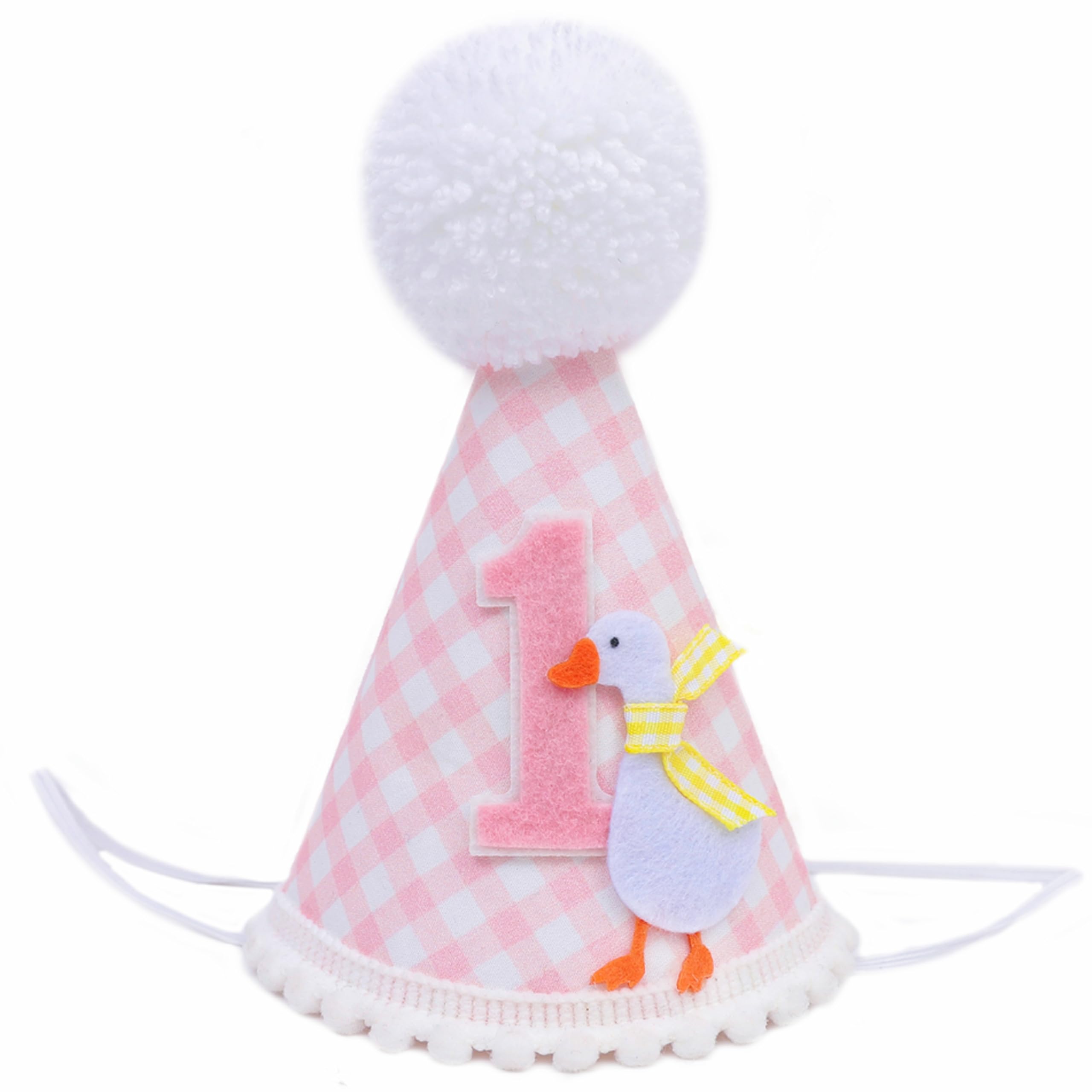 LINLULU One Funny Goose 1st Birthday Hat for Girls - Goose 1st Birthday Decorations, Pink Gingham 1st Birthday Party Hat, One Funny Goose First Birthday Crown