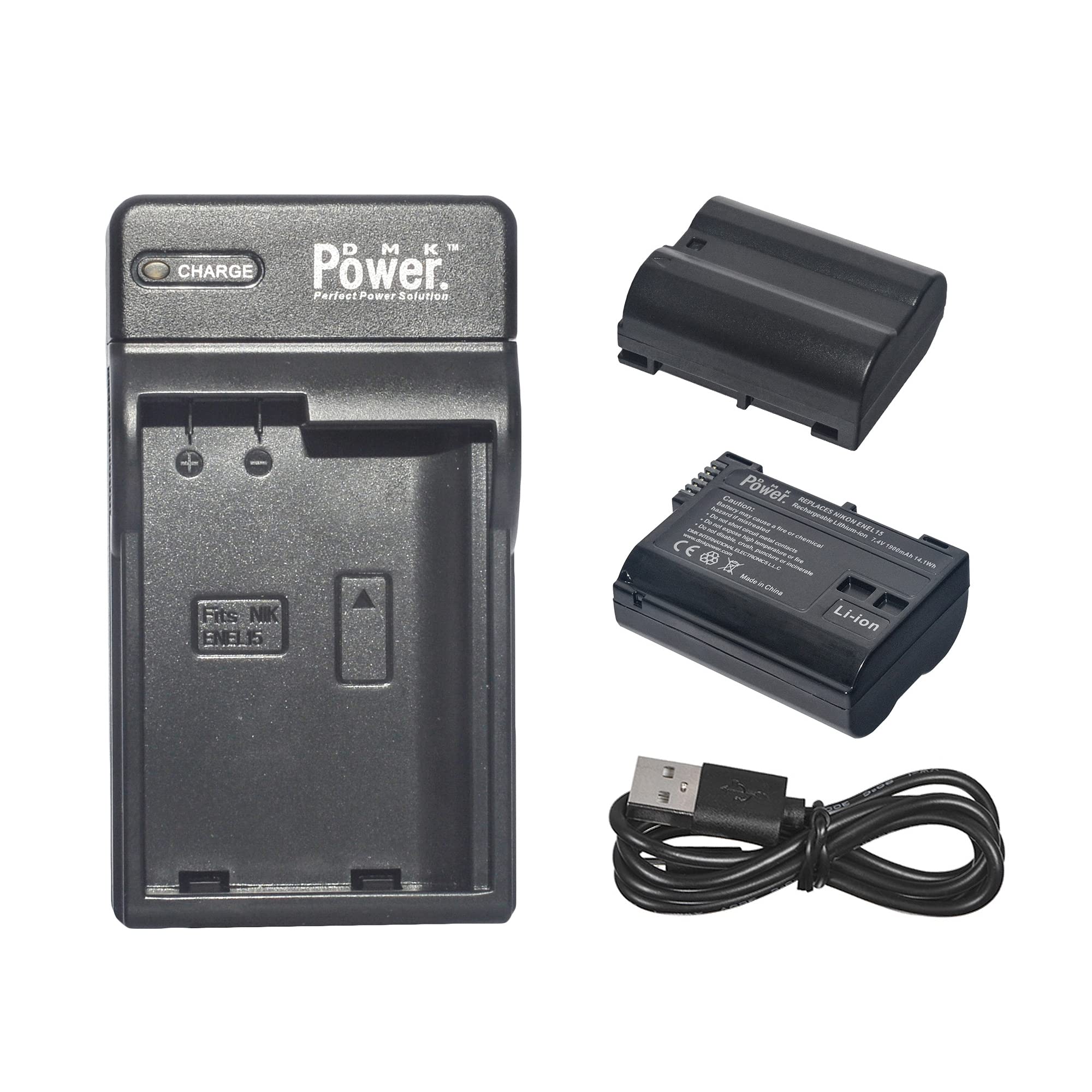 DMK POWERPack of 2 EN-EL15 Batteries 1900mah and USB single Slot Battery Charger Kit Compatible with Nikon D7500 1 V1 D500 D600 D610 D750 D800 D810 D810A D850 D7000 D7100 D7200 Digital SLR Cameras