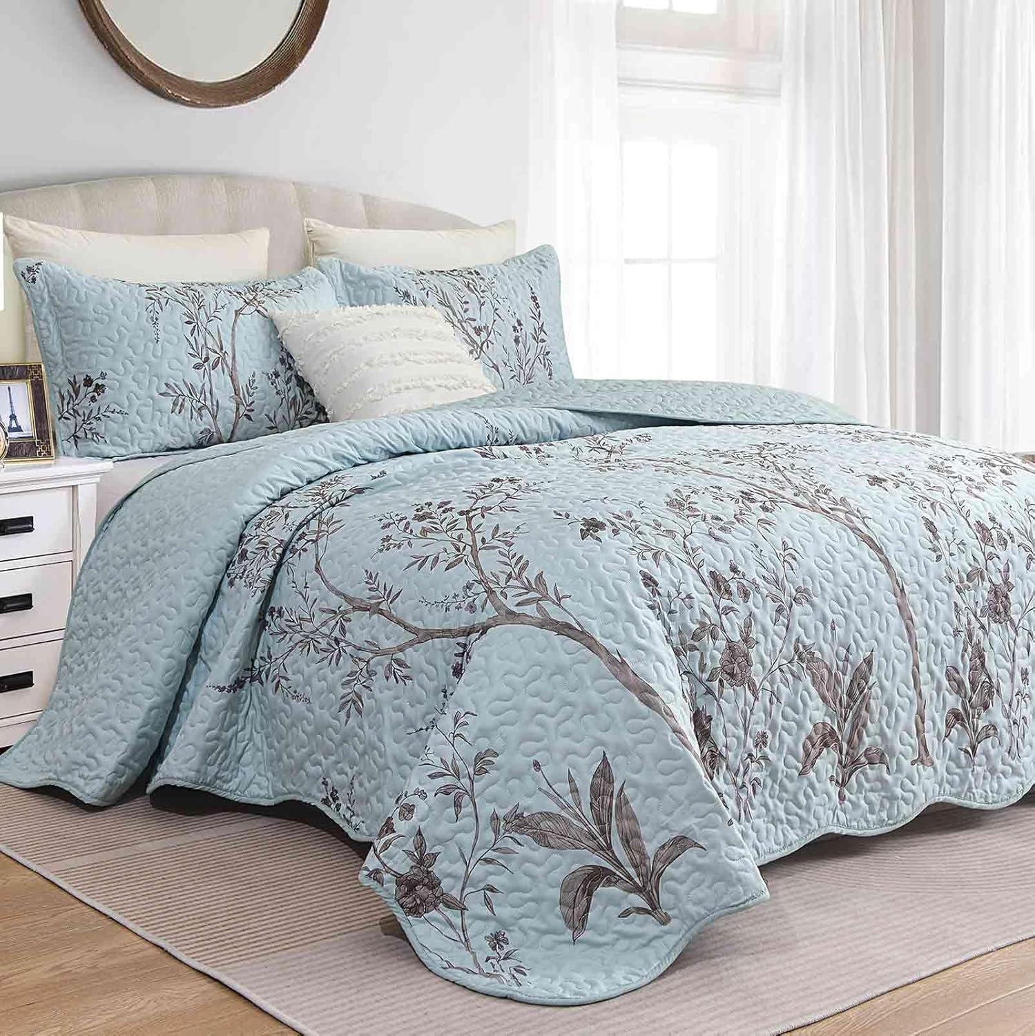 Queen Size Quilt Set 90 x 96 In 3 Pcs, Teal Blue Floral Brown Leaf Oversized Scallop Bedspreads, Soft Lightweight Coverlet Bed Spreads Quilted Comforter Luxury Vintage Farmhouse Bedding Set Women Men
