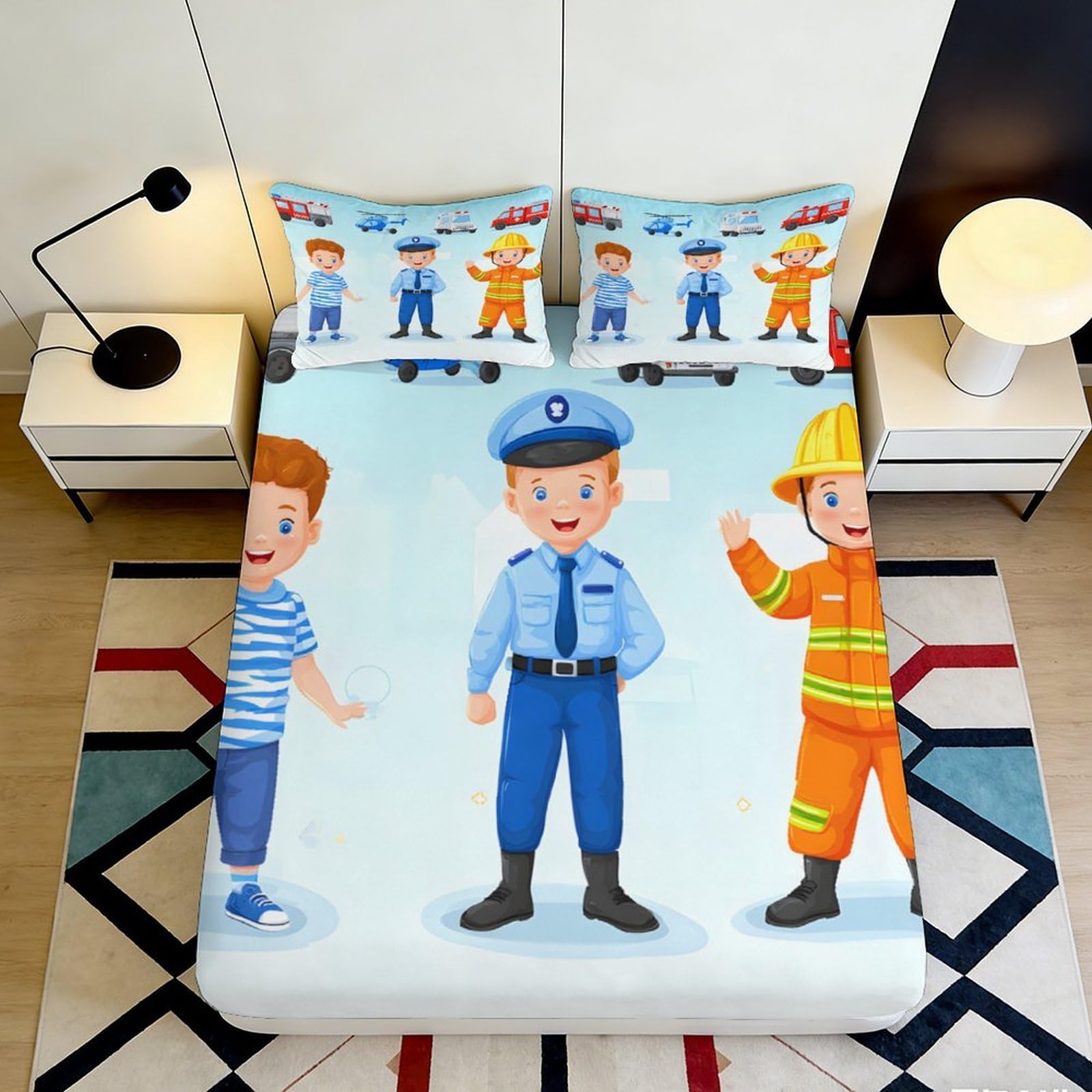 3D Printed Cartoon Kids Characters Fitted Sheet Microfiber Soft Durable Firefighter Police Bed Cover for Bedroom Dormitory Guest Room Mattress Protection 140x200x25cm