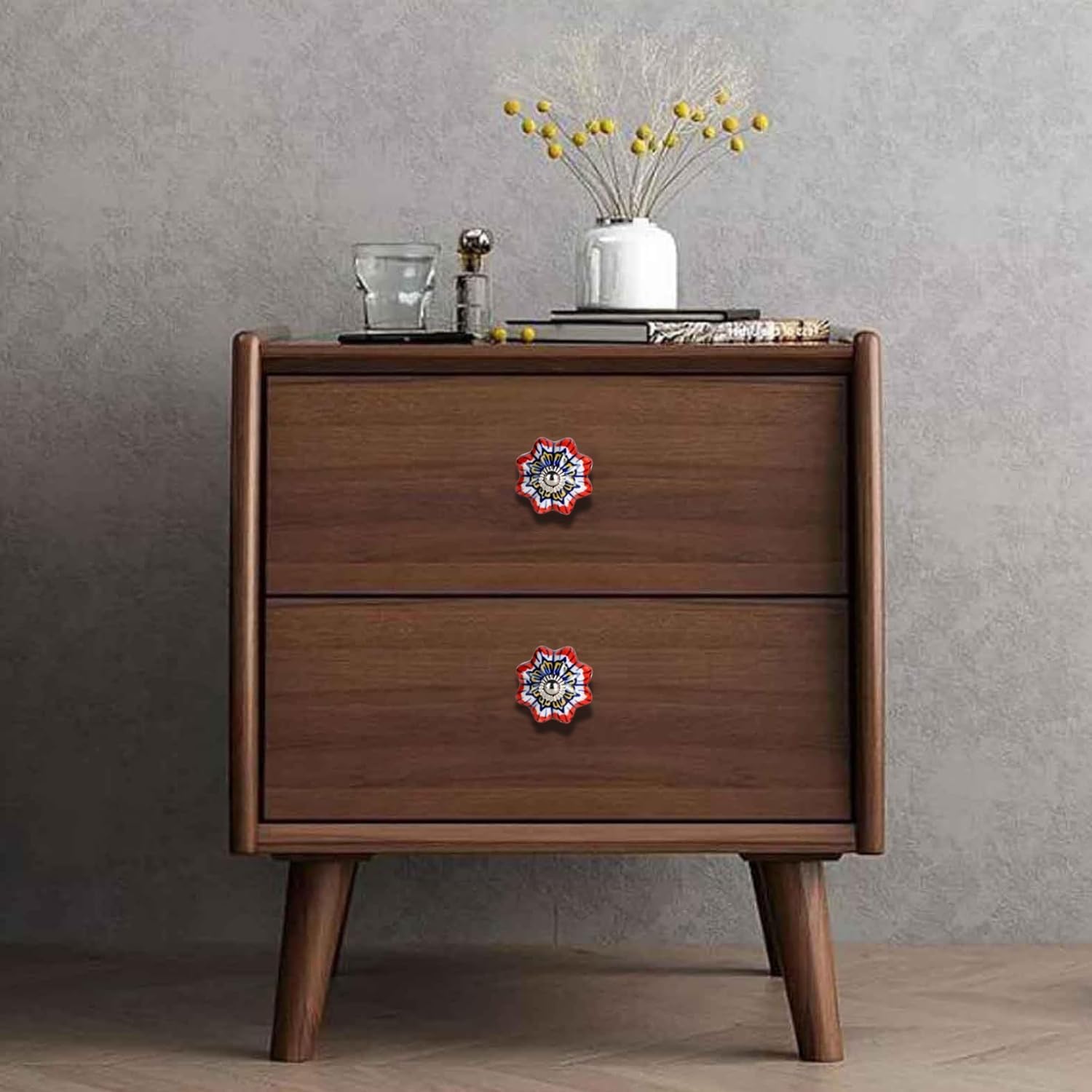 Perilla Home Set of 6 Ceramic Floral Red and White Knob Interior Exterior Passage Kitchen Cabinets Knobs Multi Design Antique Drawer Knobs Handmade for Closet | Hallway Doors | Bedrooms | Bathroom |