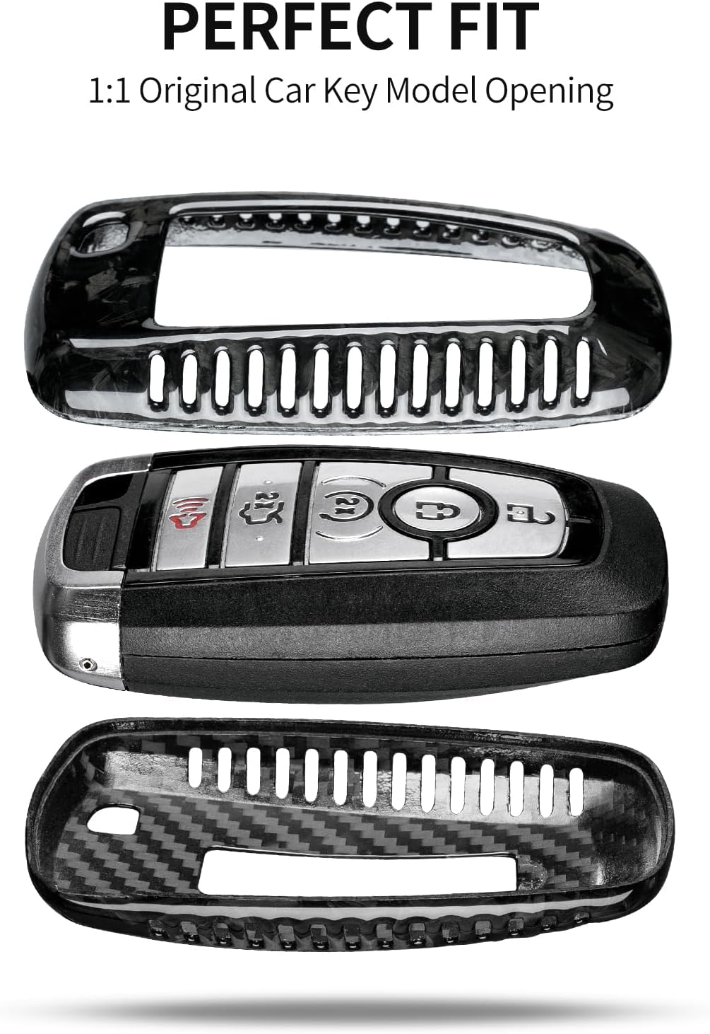 T-carbon Key Fob Cover Fits Ford Bronco Raptor with Keychain,Carbon Fiber Key Case Holder Protector Fits Ford F150 F250 Raptor 2024;Key Shell Compatible with Bronco Sport Smart Key Accessories