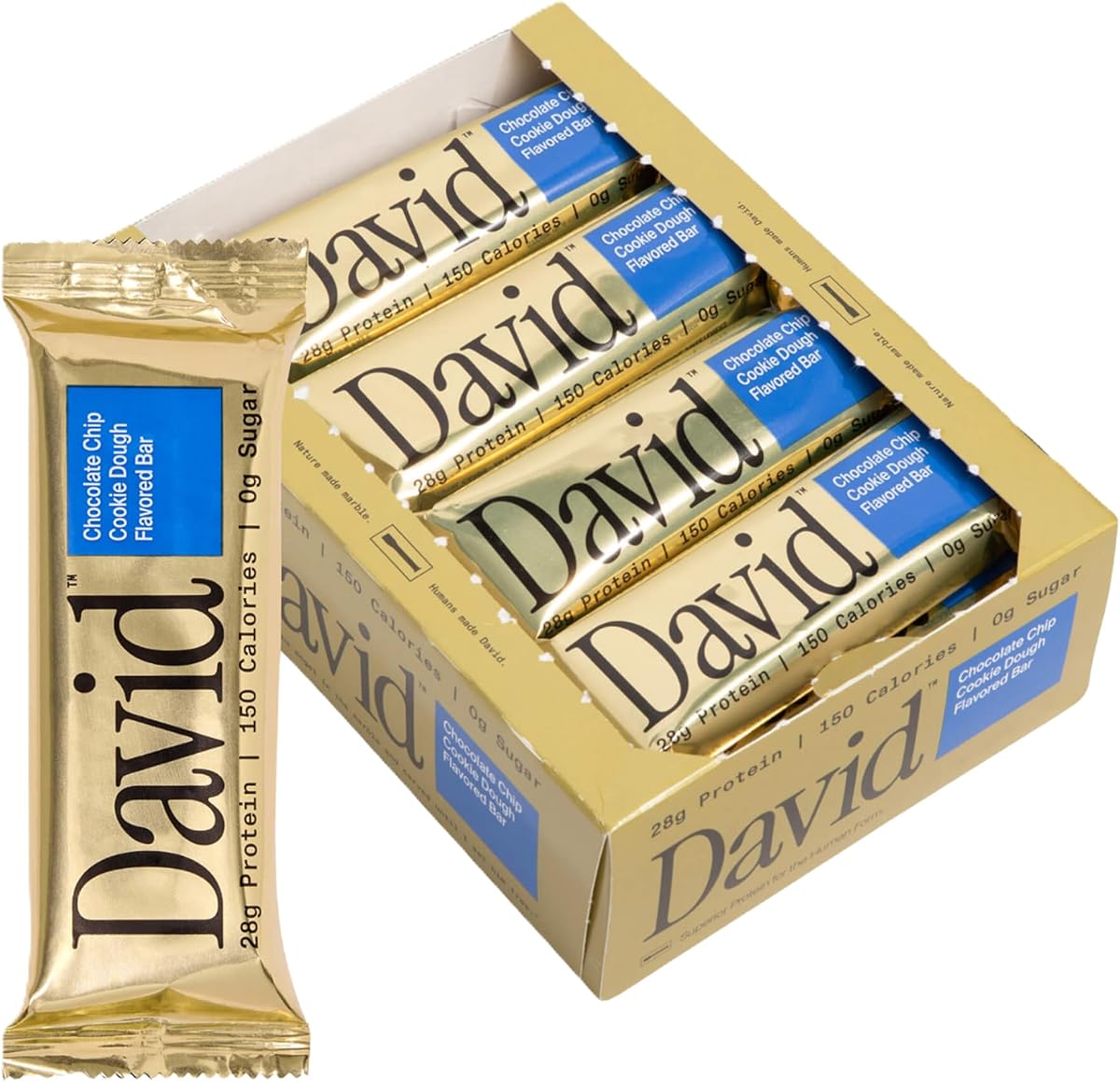 David Chocolate Chip Cookie Dough Flavored Bars | 28g Protein | 12 Pack | 0g Sugar | Low Carb & Gluten Free High Protein Bars | High Protein Snack Bars for Post Workout, Travel & On-the-Go Snacking