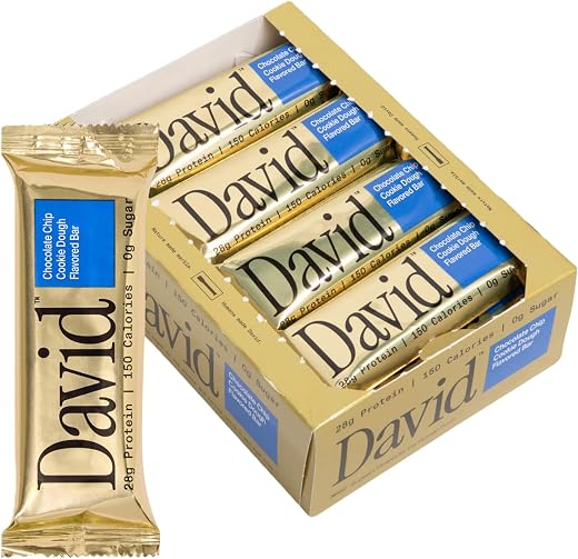 David High Protein Bars No Sugar - Sugar Free Protein Bars, Low Carb, Gluten Free - 28g of Protein, 150 Calories - David Bar On-The-Go Snack - Chocolate Chip Cookie Dough Flavor, Pack of 12