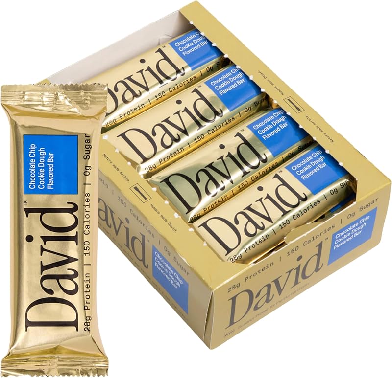David Chocolate Chip Cookie Dough Flavored Bars | 28g Protein | 12 Pack | 0g Sugar | Low Carb & Gluten Free High Protein Bars | High Protein Snack Bars for Post Workout, Travel & On-the-Go Snacking