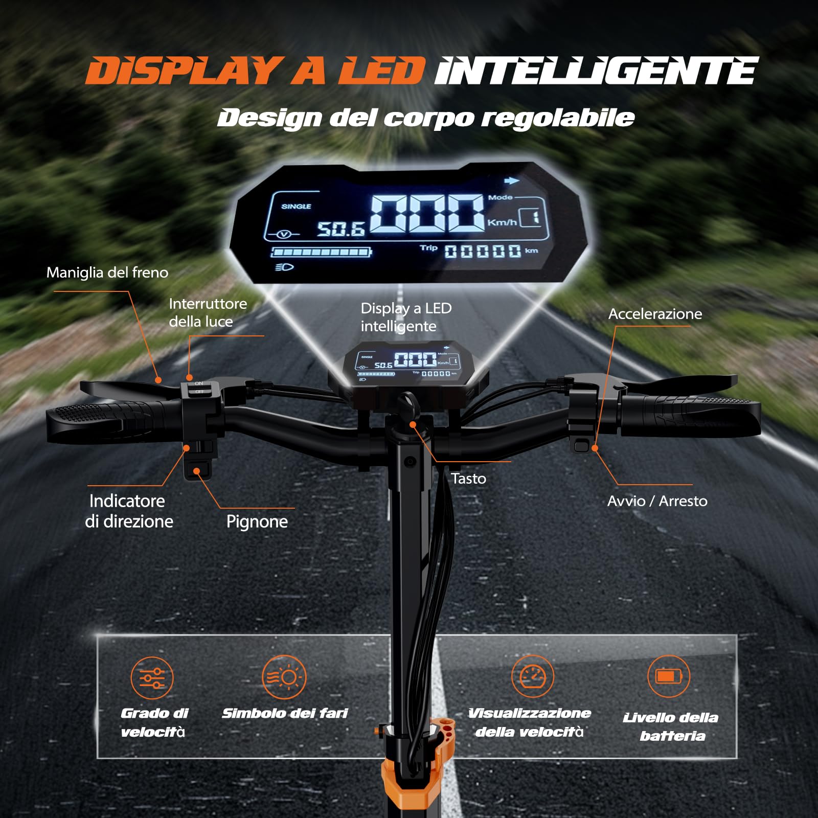 T2 Max Monopattino Elettrico, Autonomia 55km, Ammortizzatore Idraulico Ant., Freno a Disco, Luci LED Full, 3 Velocità, Ruote 10", 120KG, Batteria 48V 15,6Ah