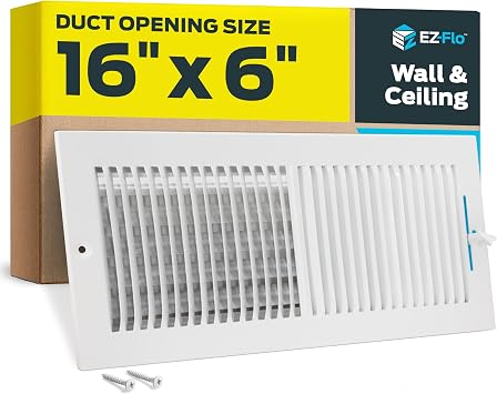 EZ-FLO 16 x 6 Inch Duct Opening Air Vent Cover for Wall or Ceiling, Two-Way Ventilation Register, Solid Steel HVAC Register Cover, White, 61663