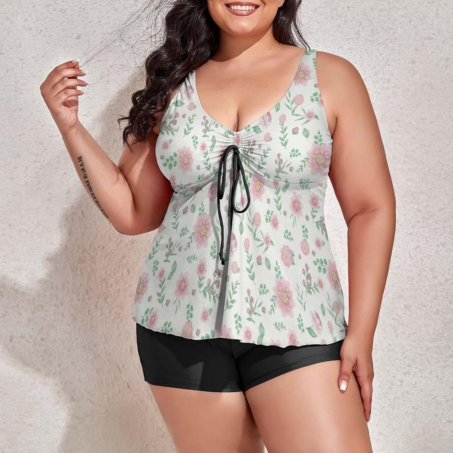 Women Plus Size Tankini Swimsuit with Top/Boyshorts Floral Flowers Seamless Two Piece Bathing Suit Summer Decor Swimwear Tummy Control