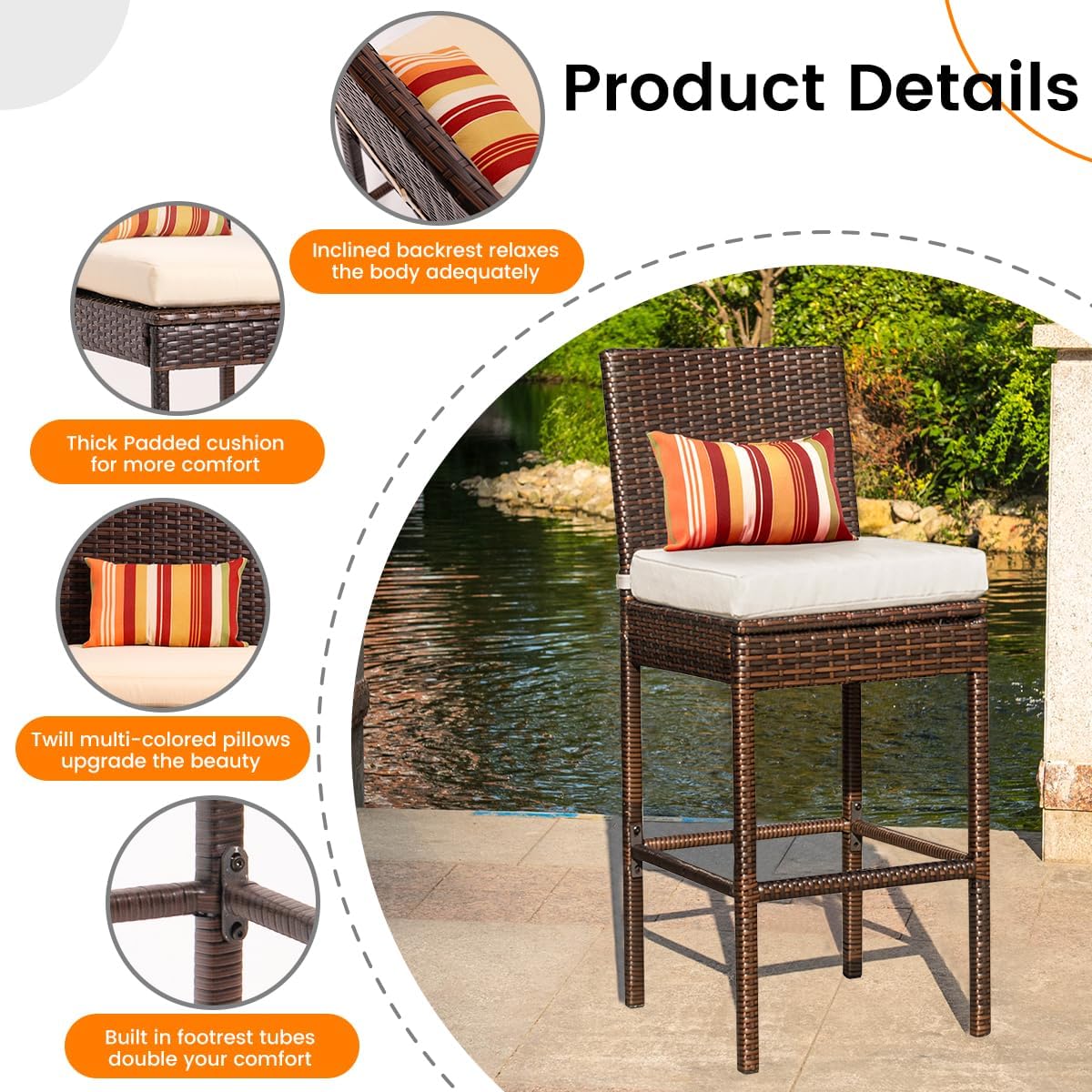 Sundale Outdoor Wicker Bar Stool Set of 2, 30 Inch Seat Height Patio Counter Height Stool with Back Rest, Rattan Woven Tall Chair with Pillow & Beige Cushion, High Bar Stool - Steel, Brown