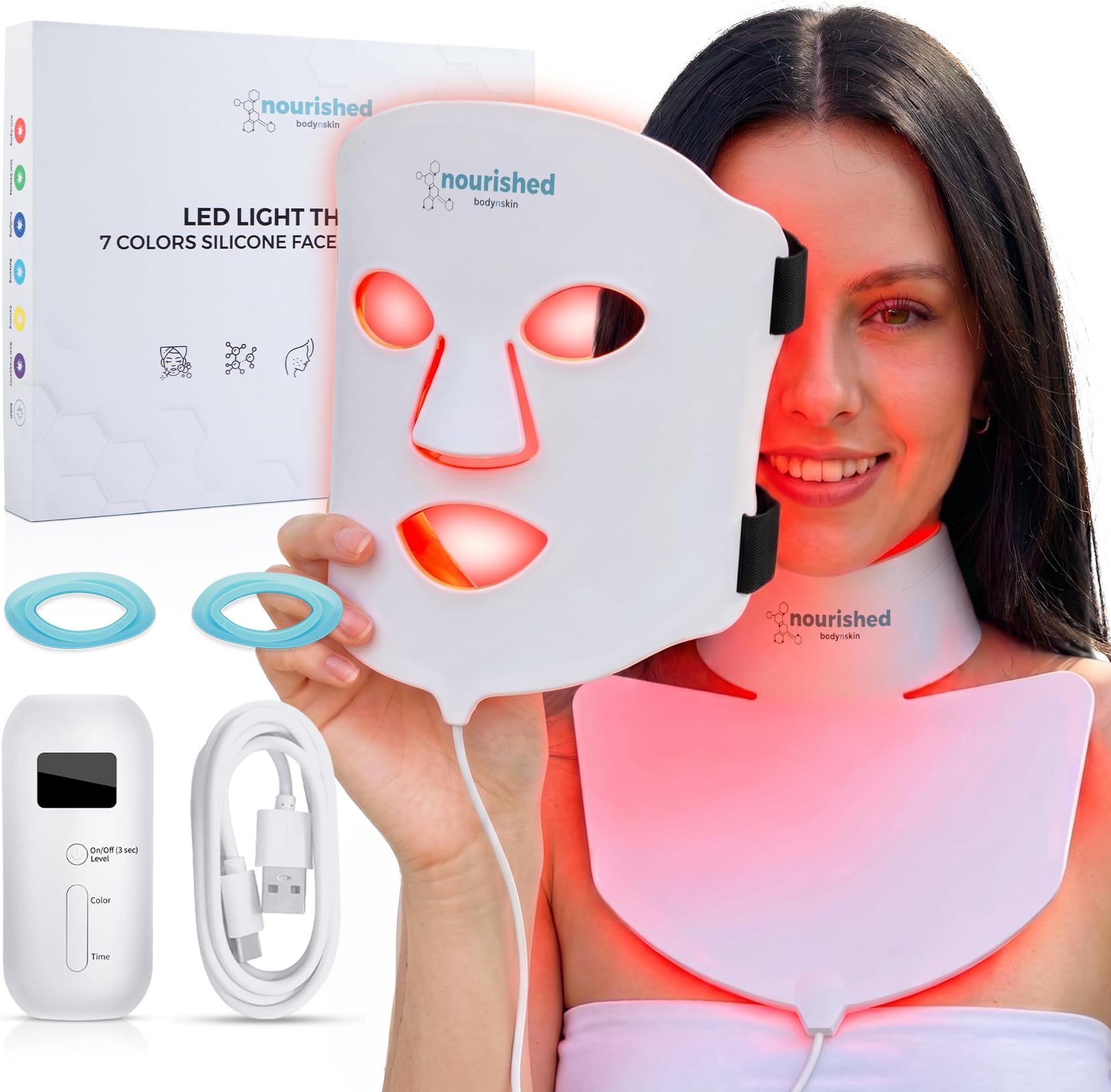 Nourished Bodynskin LED Light Therapy Face & Neck Mask - Facial Skin Care Device - 7 Colors Red & Blue - Rejuvenation, Anti-aging Product for Wrinkles