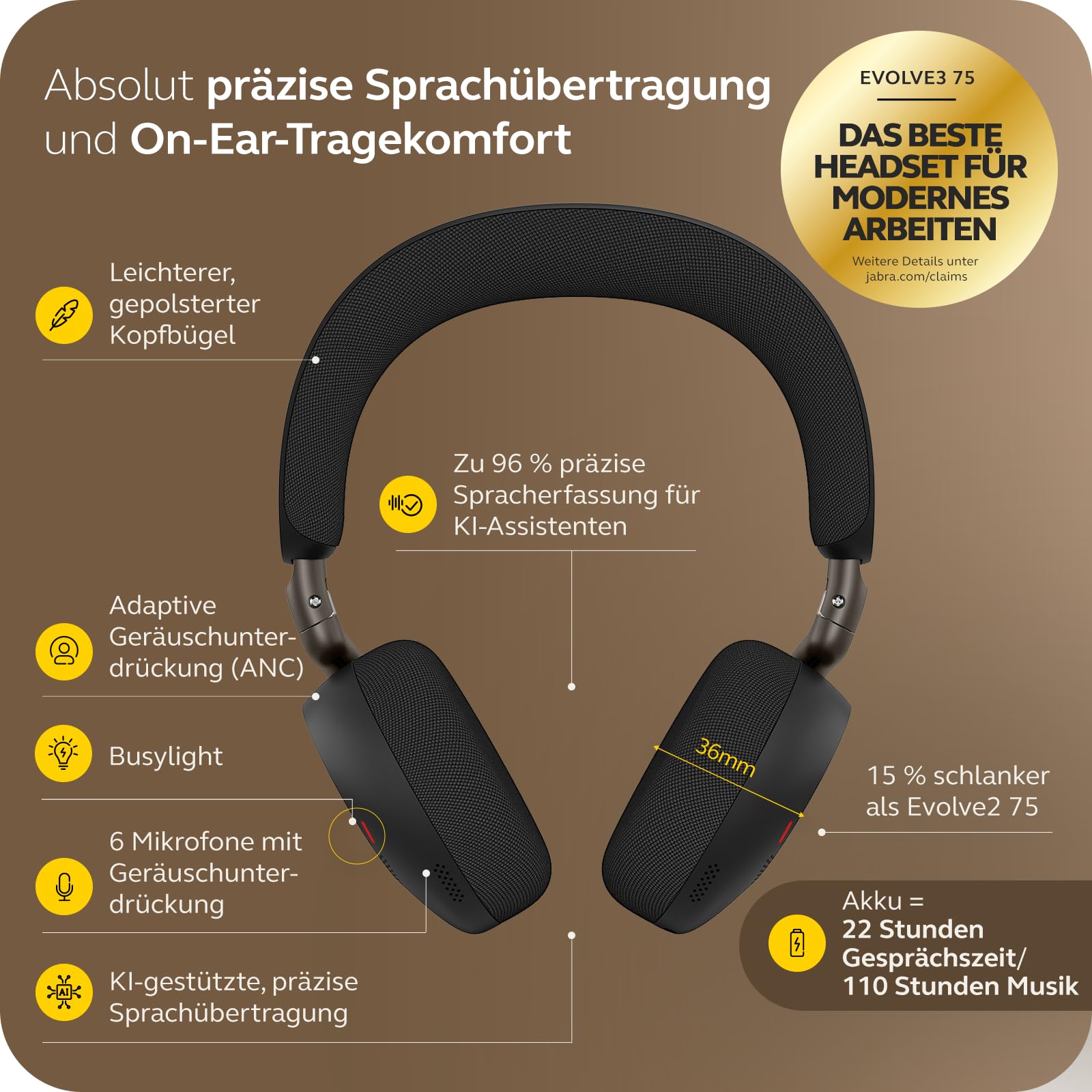 Jabra Evolve3 75 On-Ear Bluetooth Headset kabellos mit Mikrofon für Büro, USB-C, KI-Sprachanruf, Erweiterte Aktive Geräuschunterdrückung, 22h Akku, MS Teams Zertifiziert, Schwarz