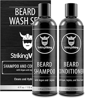 Beard Shampoo and Beard Conditioner for Men, Naturally Derived Ingrediets Beard Wash Set Cleanse Softens & Conditions with Organic Argan and Jojoba Beard Oils, Sulfate & Paraben Free - Striking Viking