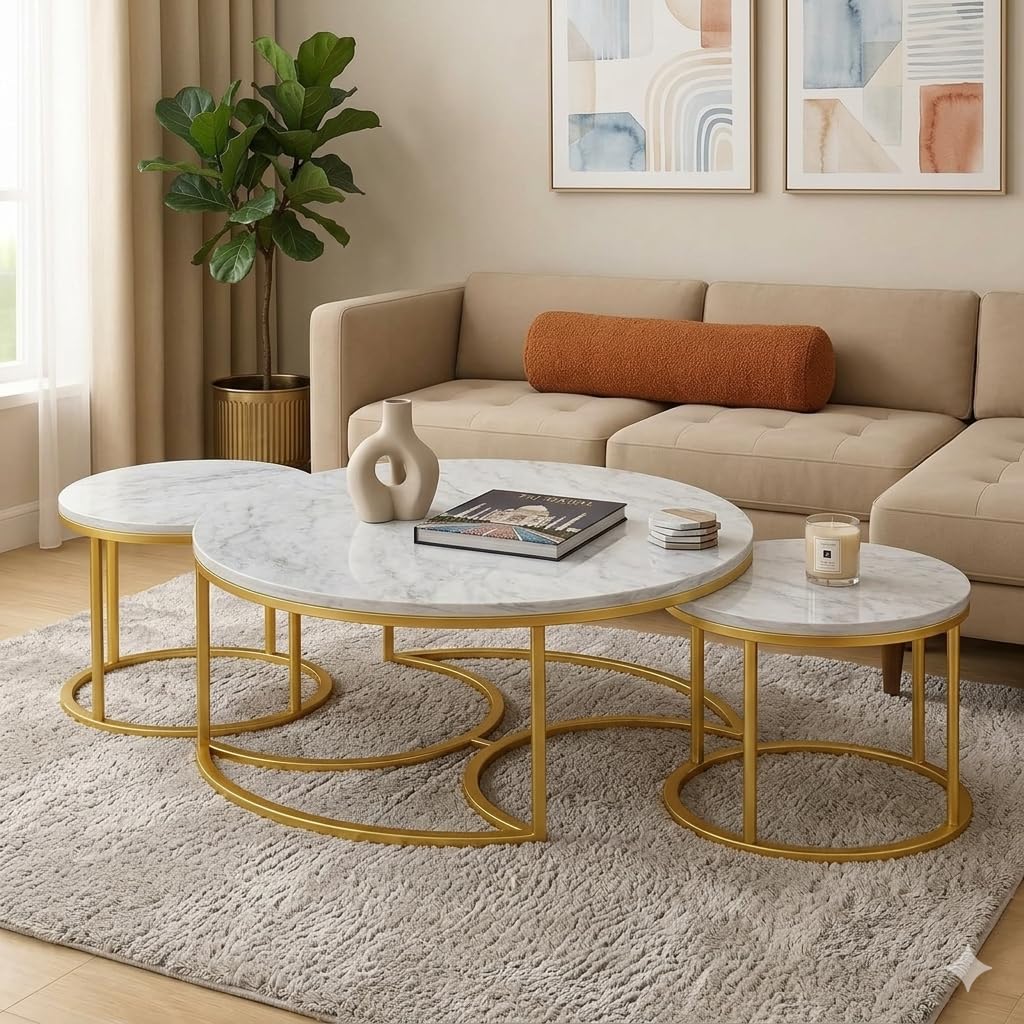 Modern Round Nesting Coffee Table Set of 3 Marble Accent Center Tables Home & Apartments for Living Room, Sofa Side, Bedroom & Office Décor (Golden White)-image-14