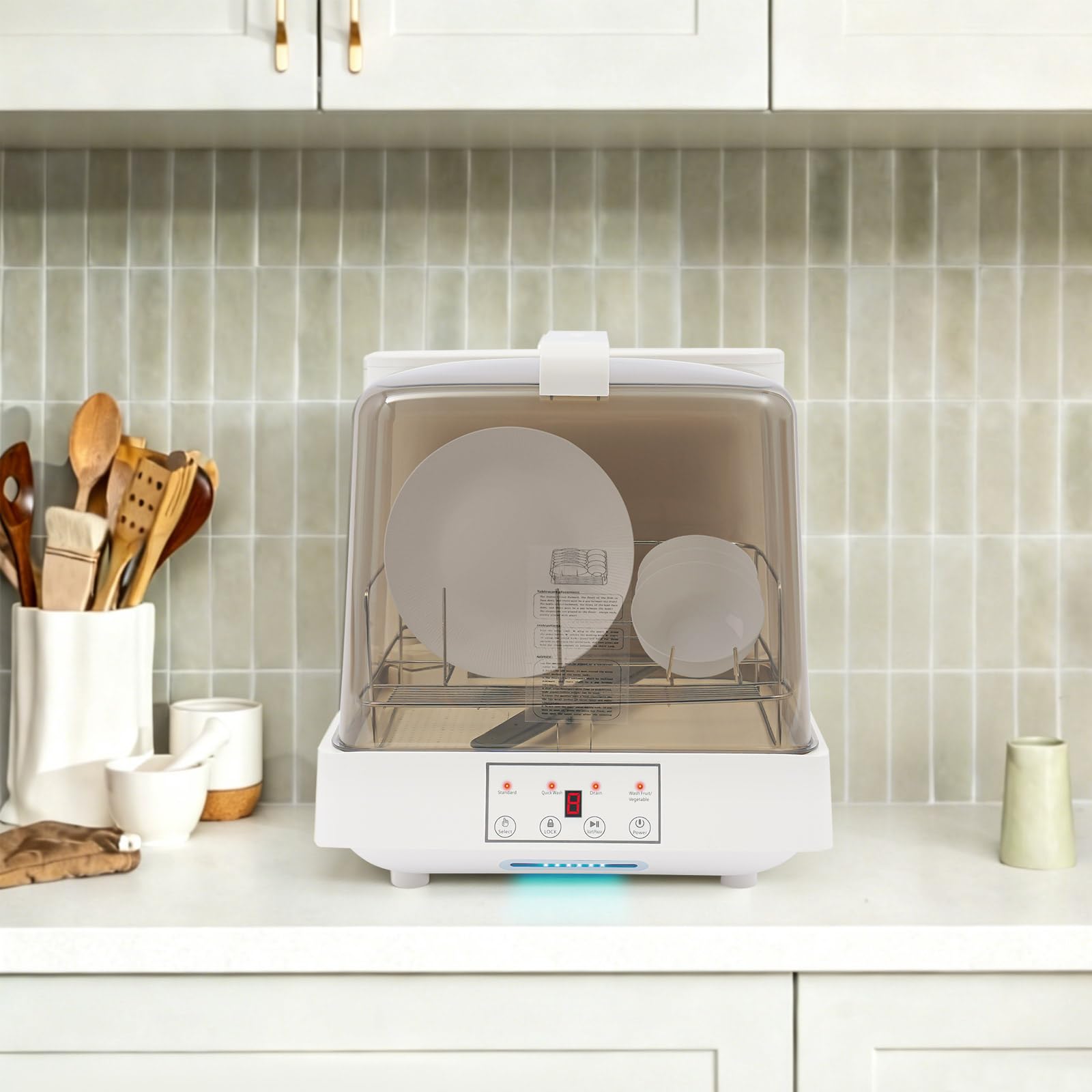 Lavastoviglie da tavolo Mini serbatoio d'acqua da 8 l, 3 programmi di pulizia, pulizia a 360°, sicurezza bambini, controllo touch, lavastoviglie compatta portatile per casa, campeggio, roulotte