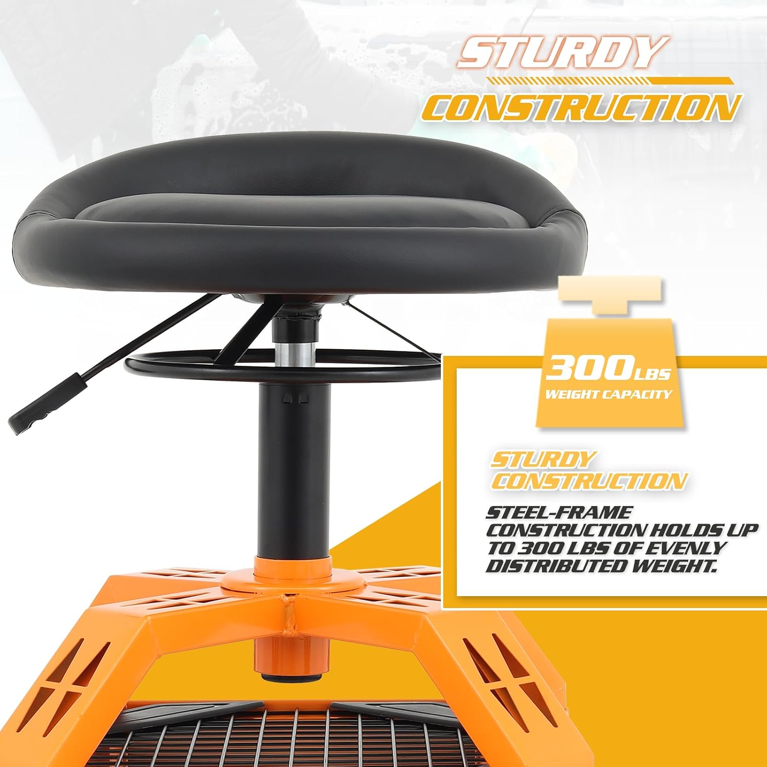 Magshion Rolling Shop Stool with Wheels and Tool Tray, 25" to 30.5" Height Adjustable, Foam-Padded Seat Rolling Garage Stool for Workshop, Auto Repair Shop and Home Garage (Load 300 lbs)