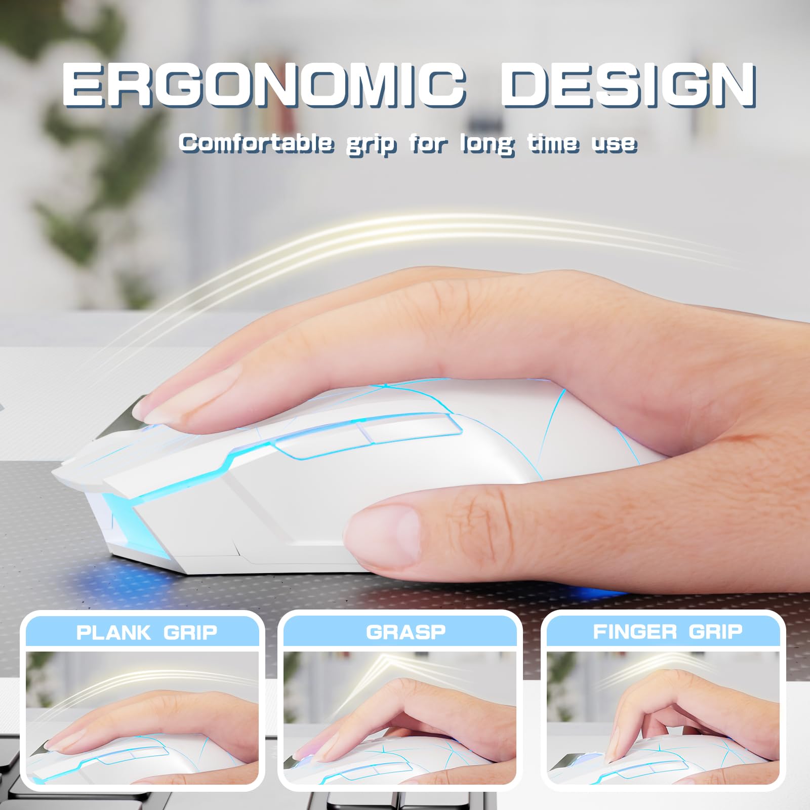 AJ52PRO Bezprzewodowa Mysz do Gier, Lekka Mysz do Gier z Tri-Mode - 2.4G/BT5.0/USB Wired, Do 10 000 DPI, Ergonomiczna PC Gaming Mice z Rainbow LED Backlight i 8 Przyciskami do Win/Mac - Gwiazda Biała