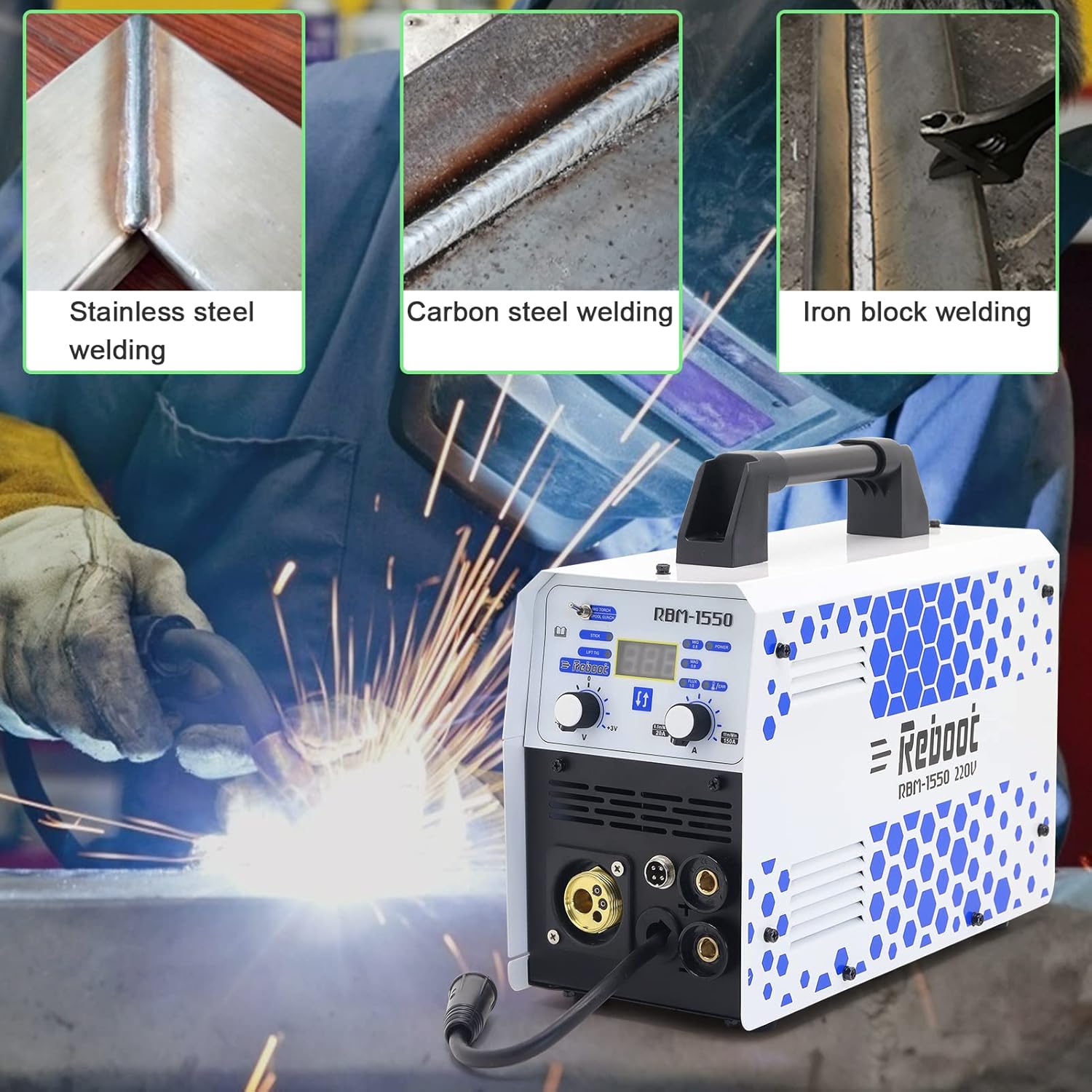 Reboot MIG Welder with Synergy, 155A 110/220V Dual Volt Gas MIG Gasless Flux Core Welding Machine/Lift TIG/Stick/Spool Gun 5 in 1 IGBT Inverter Welder Equipment, Support 2.2lb Welding Wire - - 