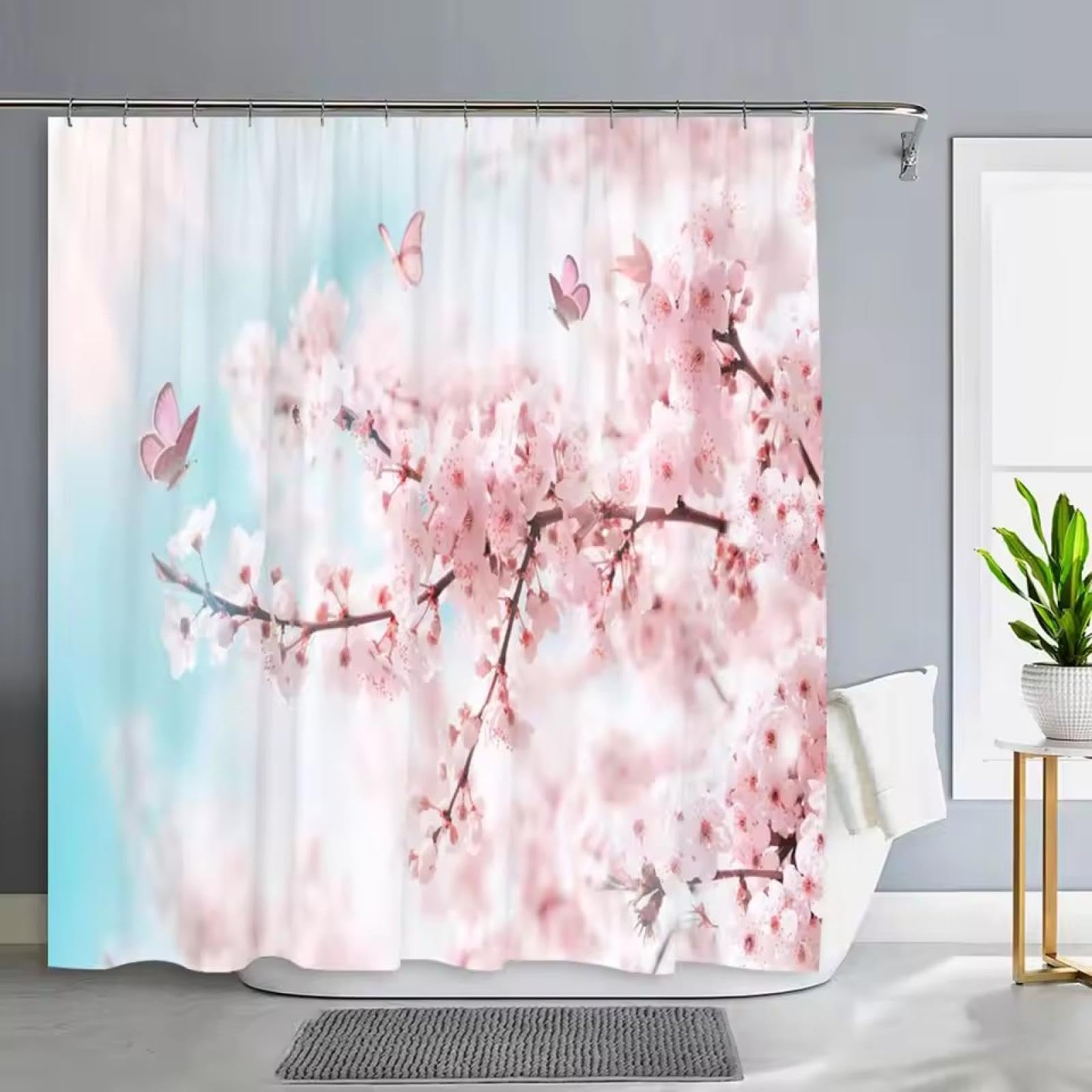 Rideau de douche fleurs de cerisier 90x183 cm pour stopper l'eau et rafraîchir une salle de bain