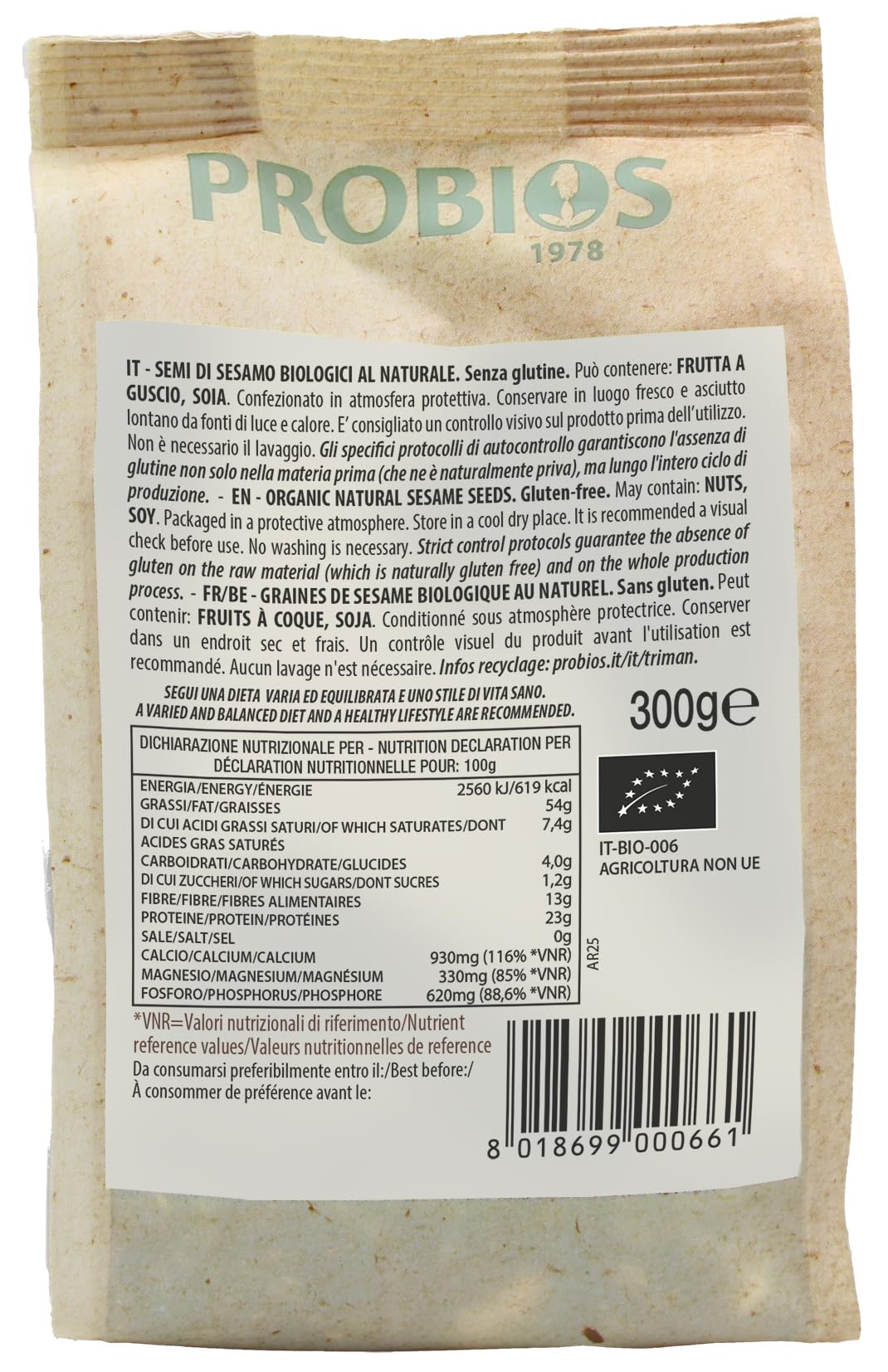 Probios Semi di sesamo biologici - Ricchi di fibre e proteine ​​vegetali - senza glutine semi sesamo - Confezione da 6 (6 x 300 g)