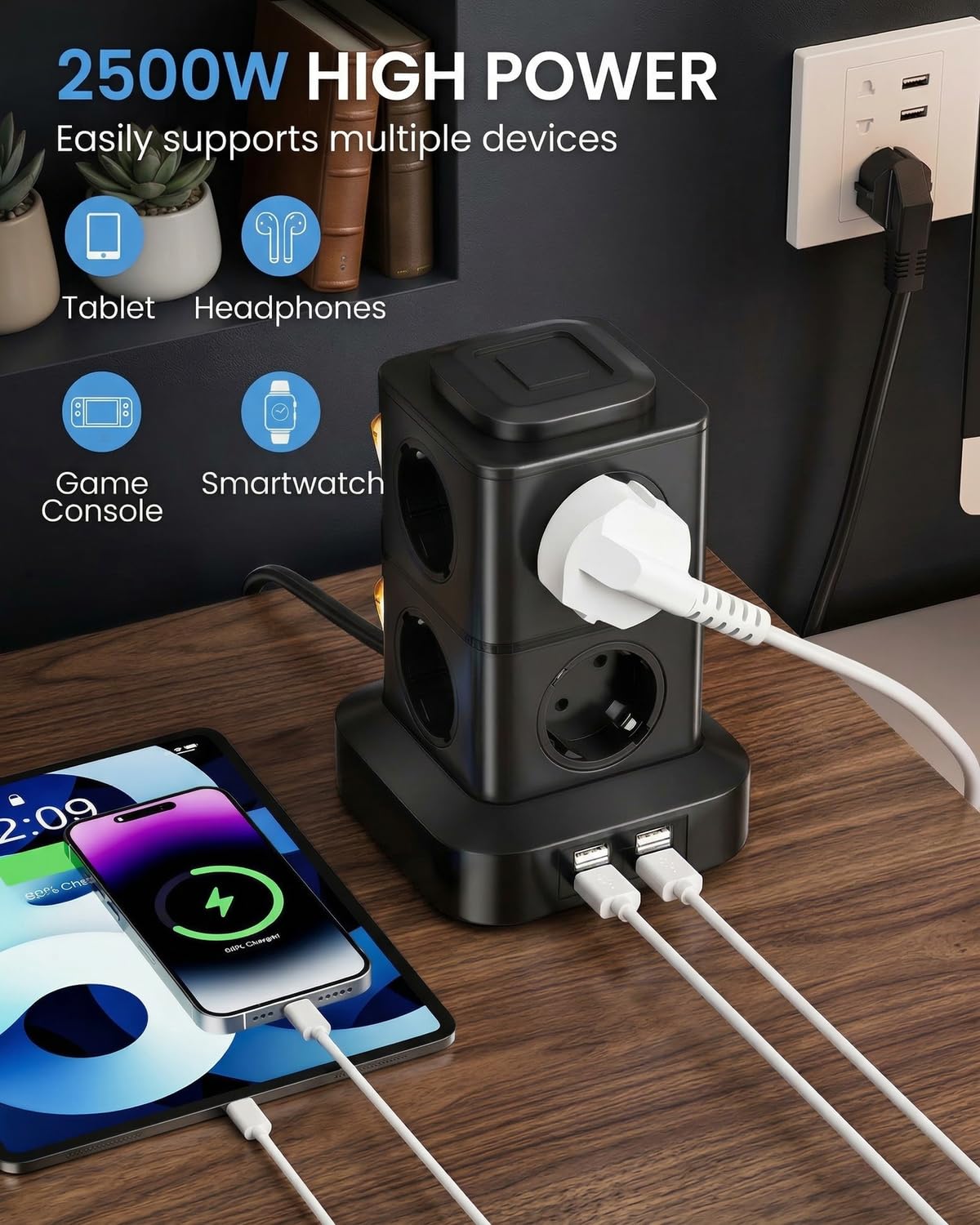 AOKBON Torre Regletas Enchufes 8 Tomas de AC y 4 Regleta USB Enchufe Multiple 2500W/10A Regletas Vertical 3 Metro Regleta Enchufes Proteccion Sobretension con Interruptor para Casa,Mesa, Oficina — view 2
