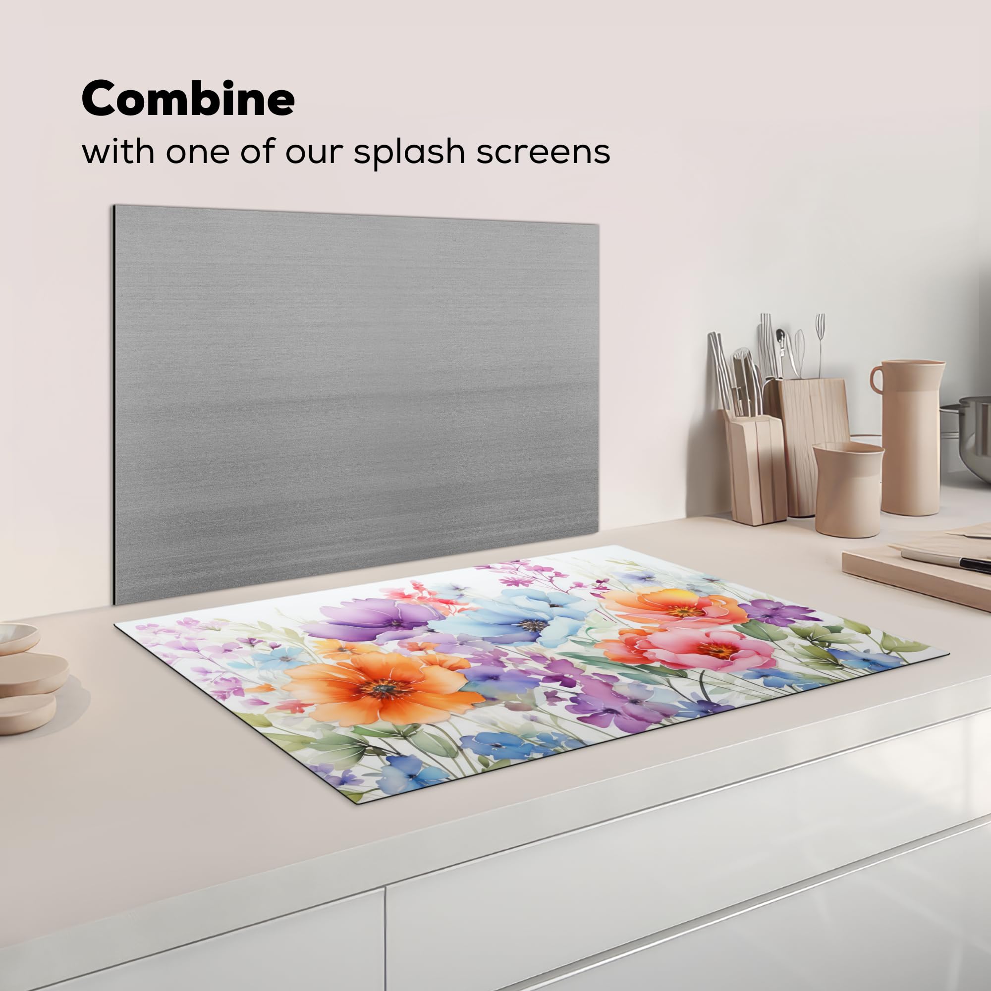 KitchenYeah© Protezione Piano Induzione 80x52 cm Cucina Copri Fornelli Proteggi di Cottura Antiscivolo Tappetino Acquerello - Fiori - Primavera - Natura
