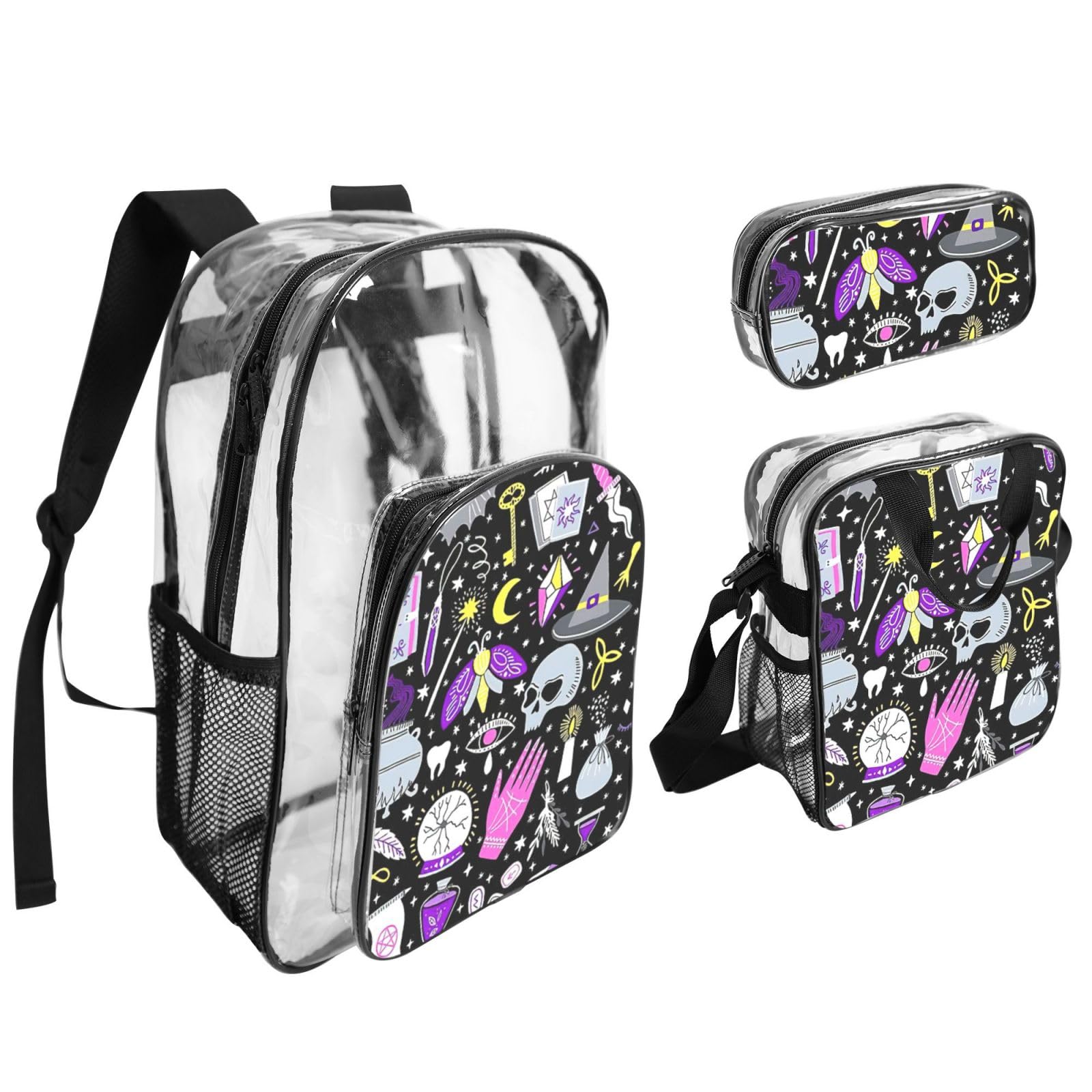 Magiczna czarownica czary bohema rysunek nadruk unisex 3-częściowy przezroczysty plecak zestaw torba na lunch do szkoły podróży na świeżym powietrzu sport