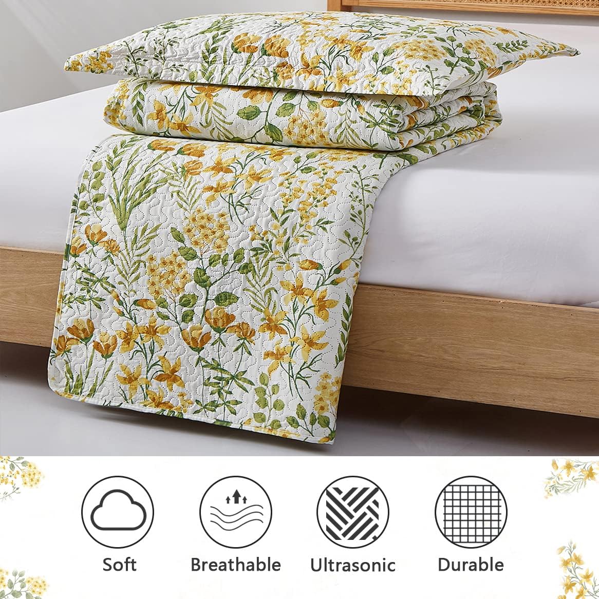 Summer Floral Quilt King Size Lightweight Yellow Green Blossom Bedspread Flowers Leaves Botanical Coverlet Set Light Thin Soft Plant Bed Cover Garden Bedding Daybed Cover Home Decor