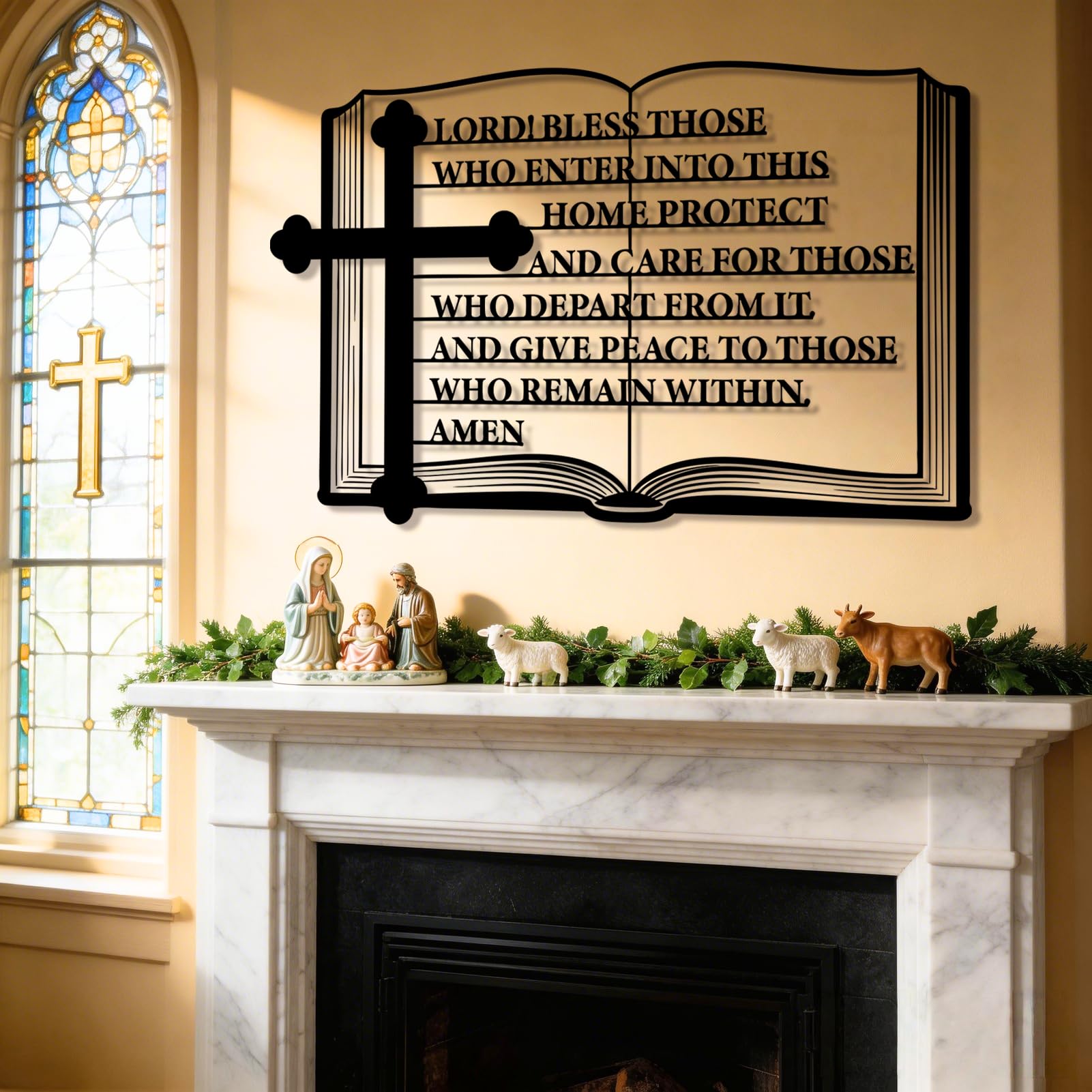 Cruz de Metal Negro con versículo bíblico para Pared, decoración de Arte Cristiano de Metal con Escritura, Escultura Moderna Decorativa con versículo bíblico para Sala de Estar, Dormitorio,